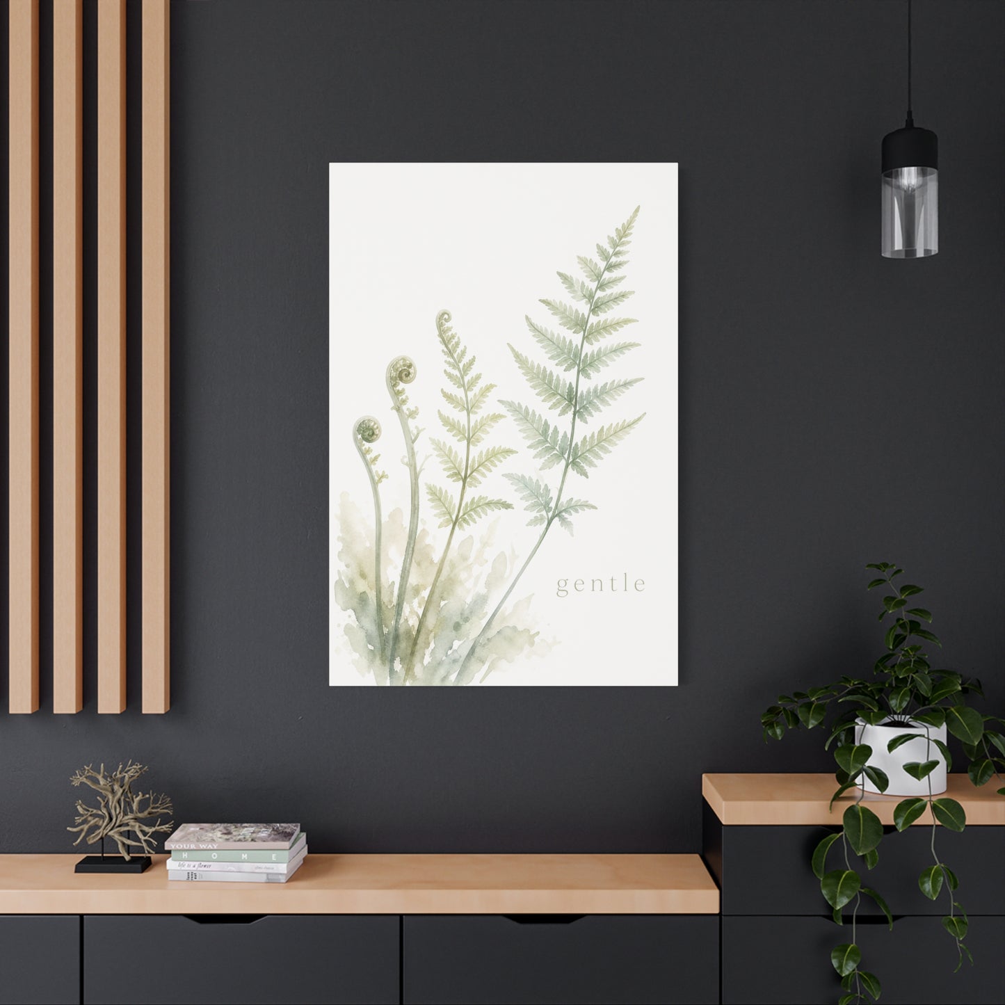 "Gentle" Fern Botanical Canvas Wall Art - Watercolor Green Leaf Print, Minimalist Nature Decor - Calming Bedroom Wall Decor, Bathroom Decoration, Spa Style Home Accent - Bedroom Home Decoration