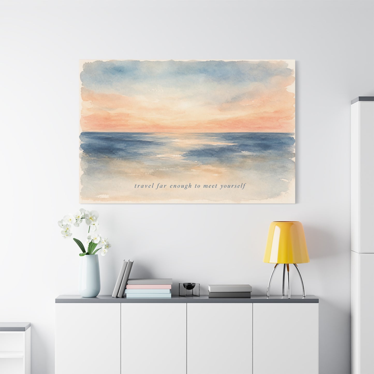 "Travel Far Enough To Meet Yourself" Coastal Canvas Wall Art - Watercolor Ocean Sunset Quote Print - Serene Beach Seascape Decor - Bedroom Living Room Wall Decor - Bedroom Home Decoration