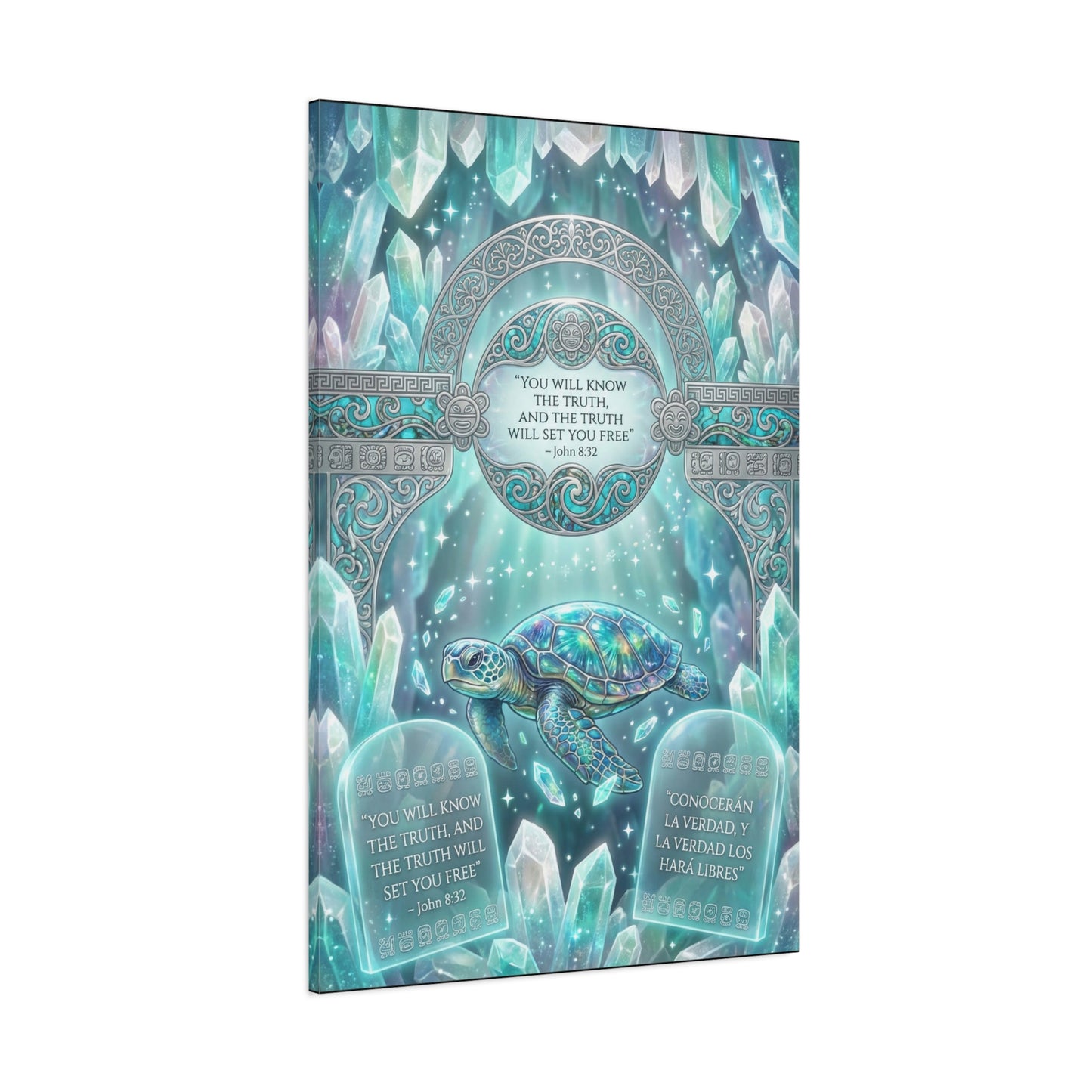 "You Will Know The Truth, And The Truth Will Set You Free" Sea Turtle Canvas Wall Art - John 8:32 Scripture Decor, Crystal Ocean Fantasy Style, Bedroom Wall Hanging, Meditation Space - Ready to Hang