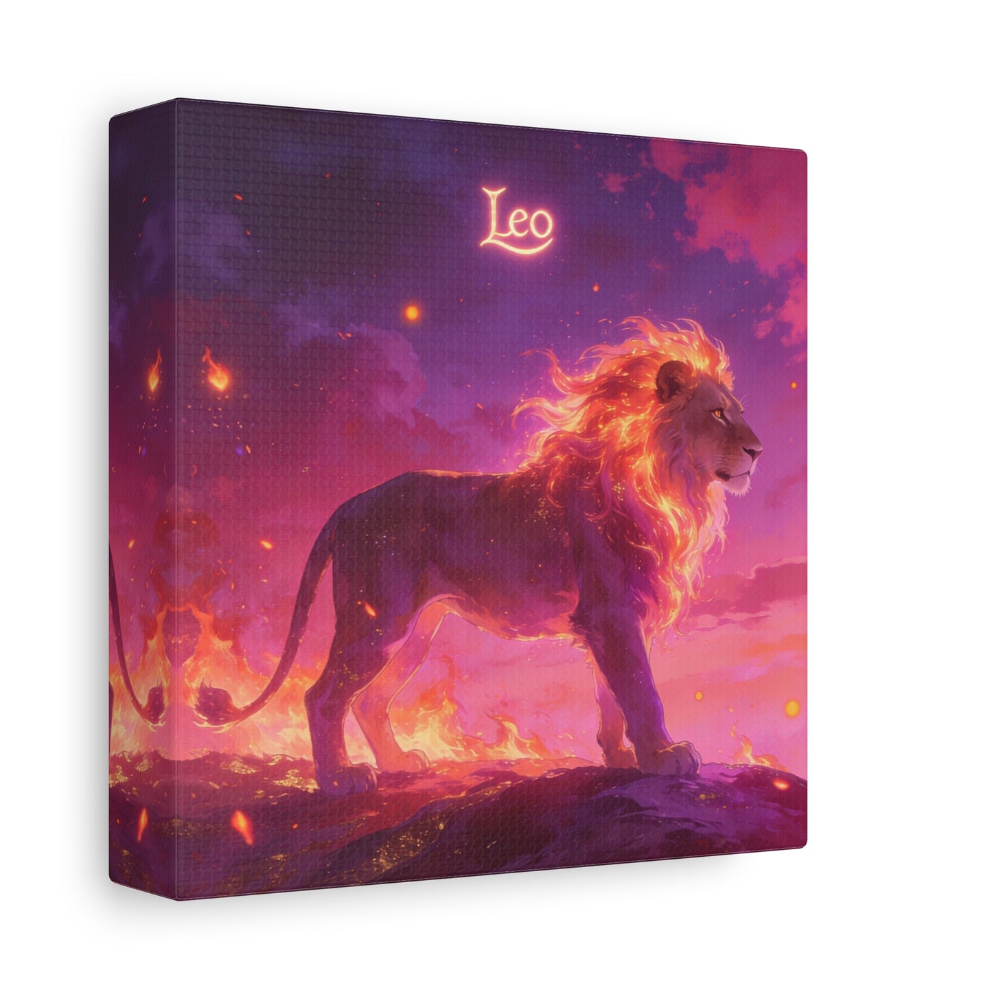 "Leo" Lion Canvas Wall Art - Fiery Zodiac Illustration, Purple Pink Sky, Matte Finish Canvas Print - Modern Astrology Decor, Bedroom Home Decoration, Office Wall Art Accent - Bedroom Home Decoration