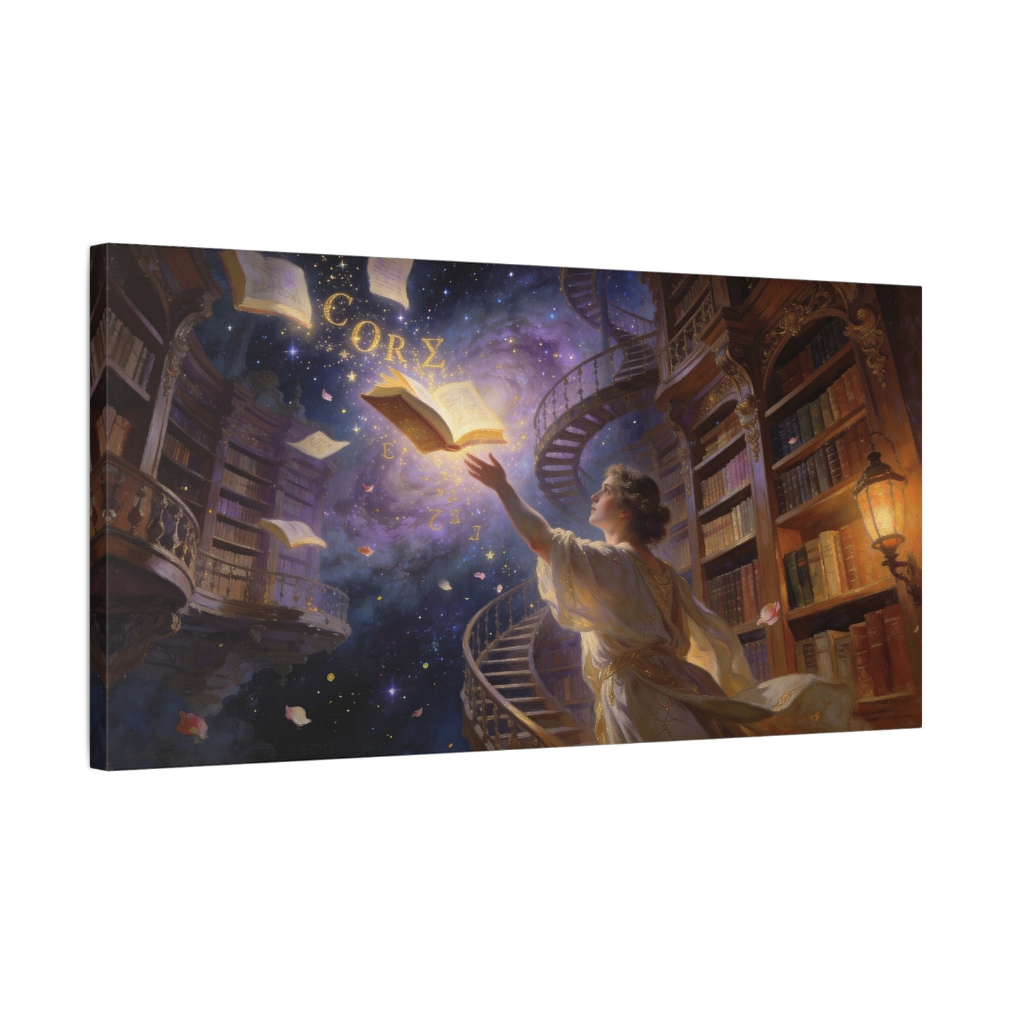 "CORZ" Fantasy Library Canvas Wall Art - Woman Reaching For Floating Book, Celestial Bookshelves, Spiral Staircase - Matte Cotton Print - Surreal Reading Room Decor, Office Art - Workspace Wall Decor