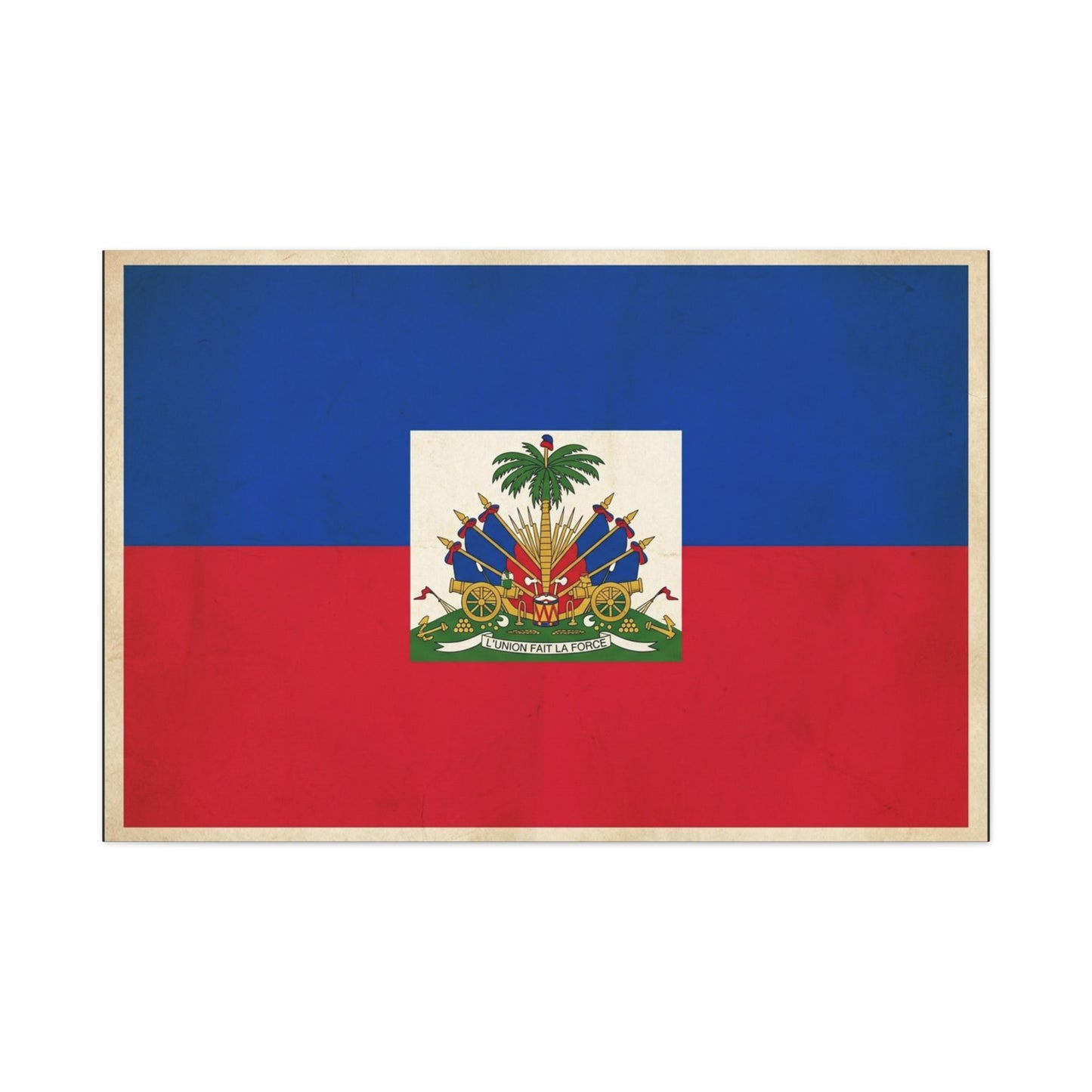 Haiti Flag Canvas Wall Art - Haitian Flag Print With Coat Of Arms, Patriotic Blue Red Banner - Framed Look Matte Canvas - Living Room Wall Decor, Bedroom Home Decoration - Bedroom Home Decoration