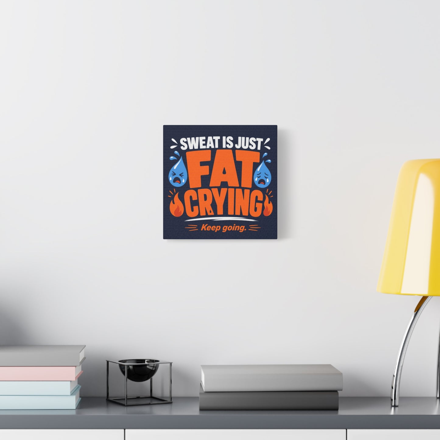 "Sweat Is Just Fat Crying Keep Going" Typography Canvas Wall Art - Funny Gym Motivation Quote Print, Navy Orange Blue Workout Decor - Modern Home Office Wall Decor - Ready to Hang - Ready to Hang