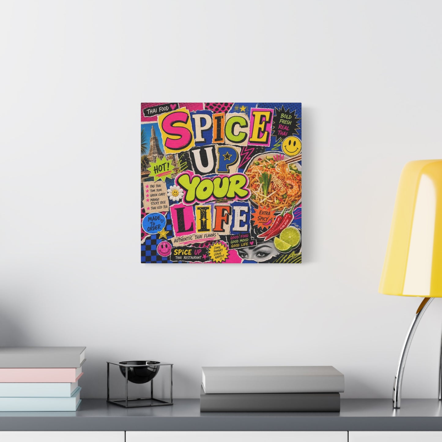 "Spice Up Your Life" Canvas Wall Art - Thai Food Pop Art Collage, Typography Print, Neon Color Street Poster Style, Cafe Decor, Dining Room Accent, Kitchen Wall Hanging, Contemporary - Ready to Hang