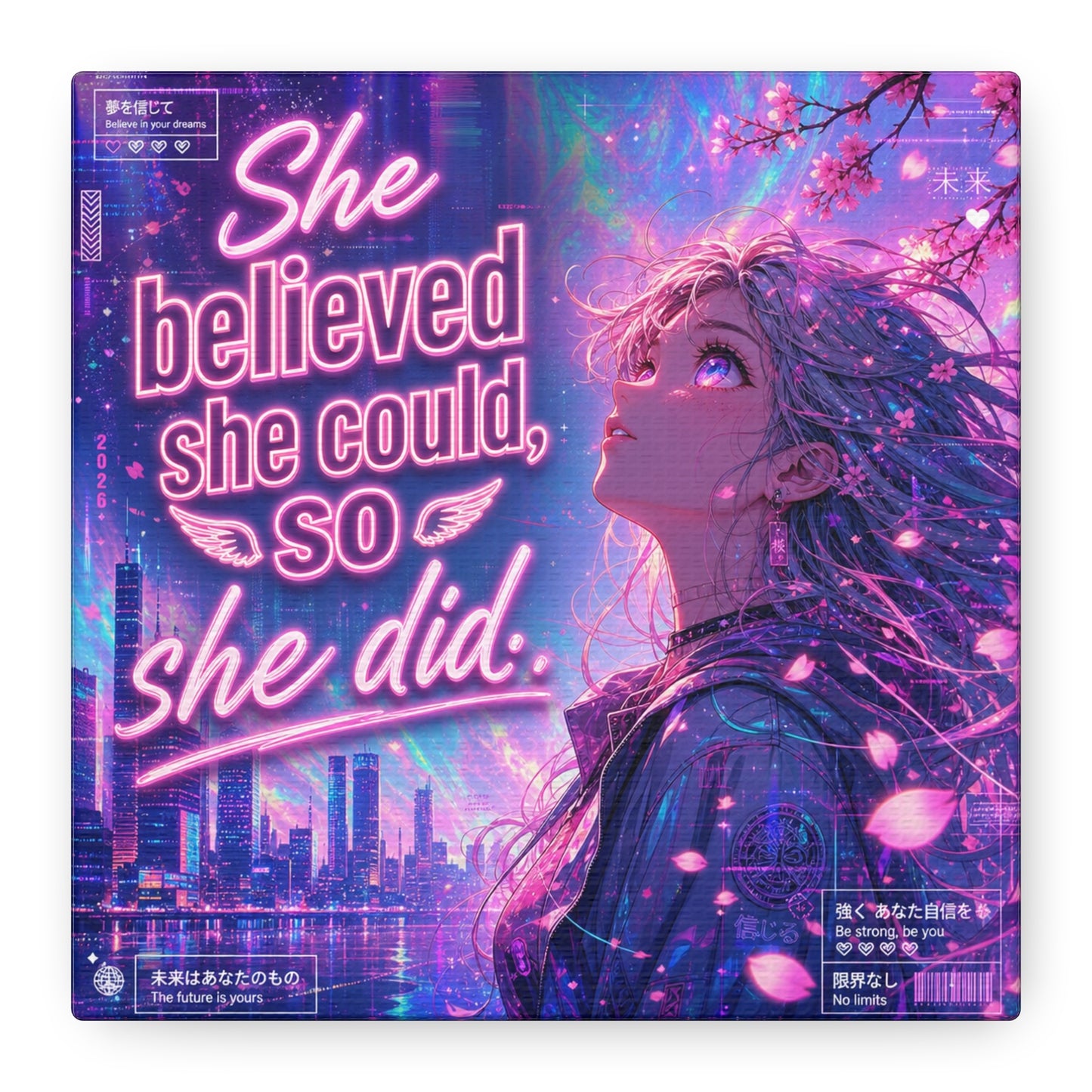 "She Believed She Could, So She Did" Anime Girl Canvas Wall Art - Neon Sakura Cityscape, Inspirational Typography Print - Contemporary Bedroom Wall Decor, Teenager Room Decor - Bedroom Home Decoration