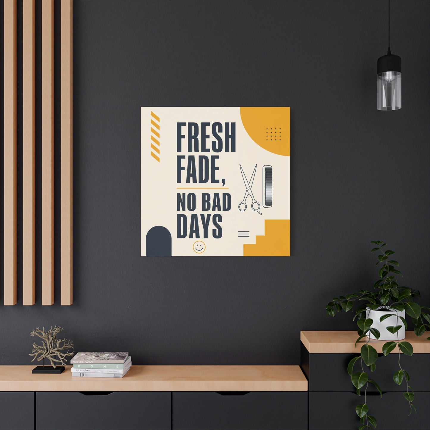 "Fresh Fade, No Bad Days" Barber Shop Canvas Wall Art - Scissors And Comb Typography Print - Modern Yellow Black Salon Decor - Workspace Wall Decor, Lobby Wall Art Accent - Gallery Wrapped Canvas