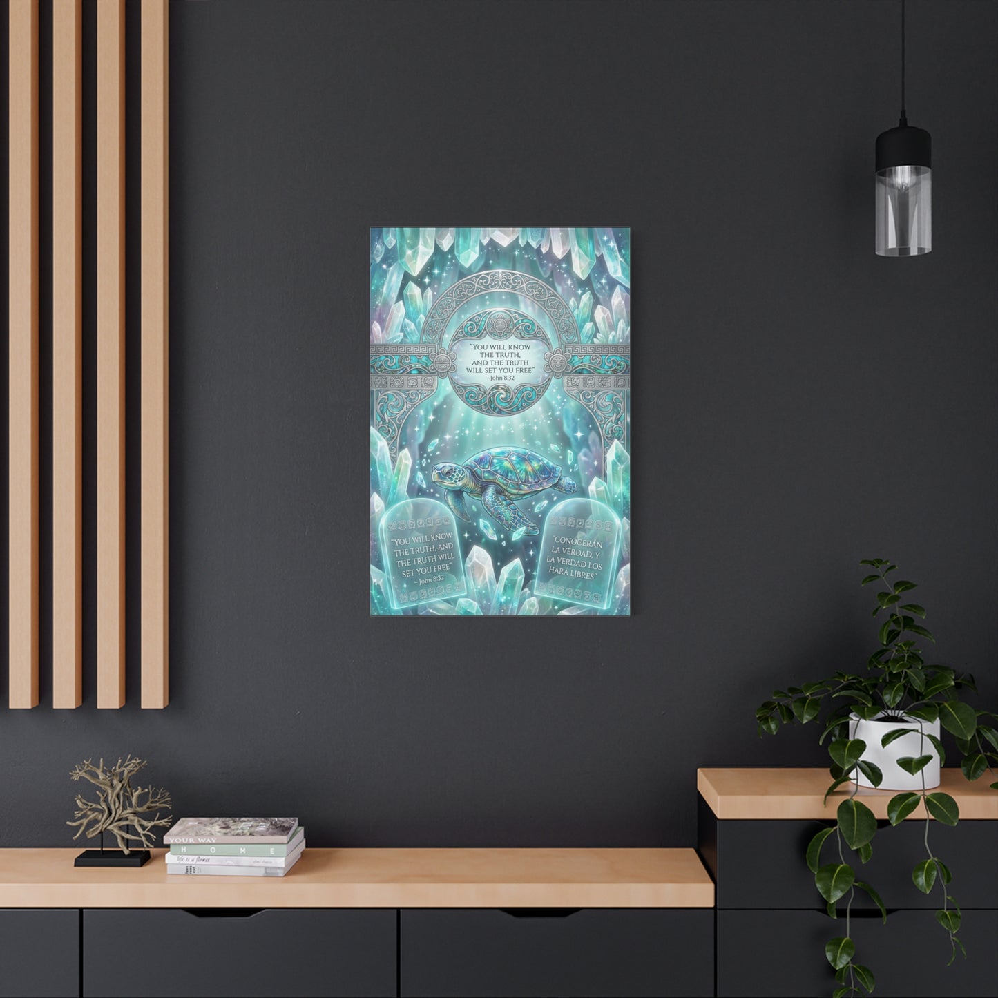 "You Will Know The Truth, And The Truth Will Set You Free" Sea Turtle Canvas Wall Art - John 8:32 Scripture Decor, Crystal Ocean Fantasy Style, Bedroom Wall Hanging, Meditation Space - Ready to Hang