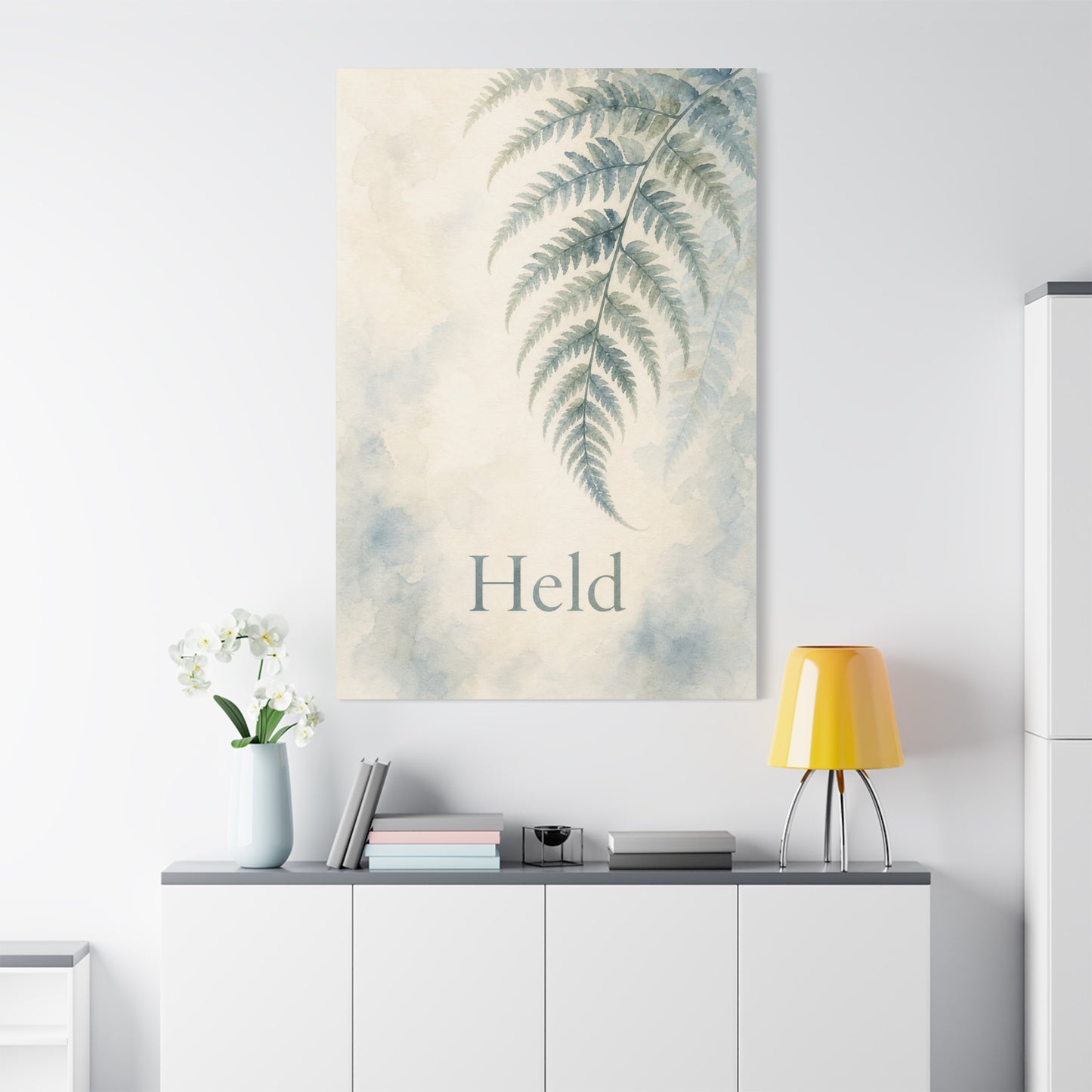 "Held" Fern Botanical Canvas Wall Art - Watercolor Leaf Print, Calming Bedroom Wall Decor, Minimalist Blue Green Nature Home Decoration, Meditation Space Accent - Ready to Hang - Cozy Reading Nook Art