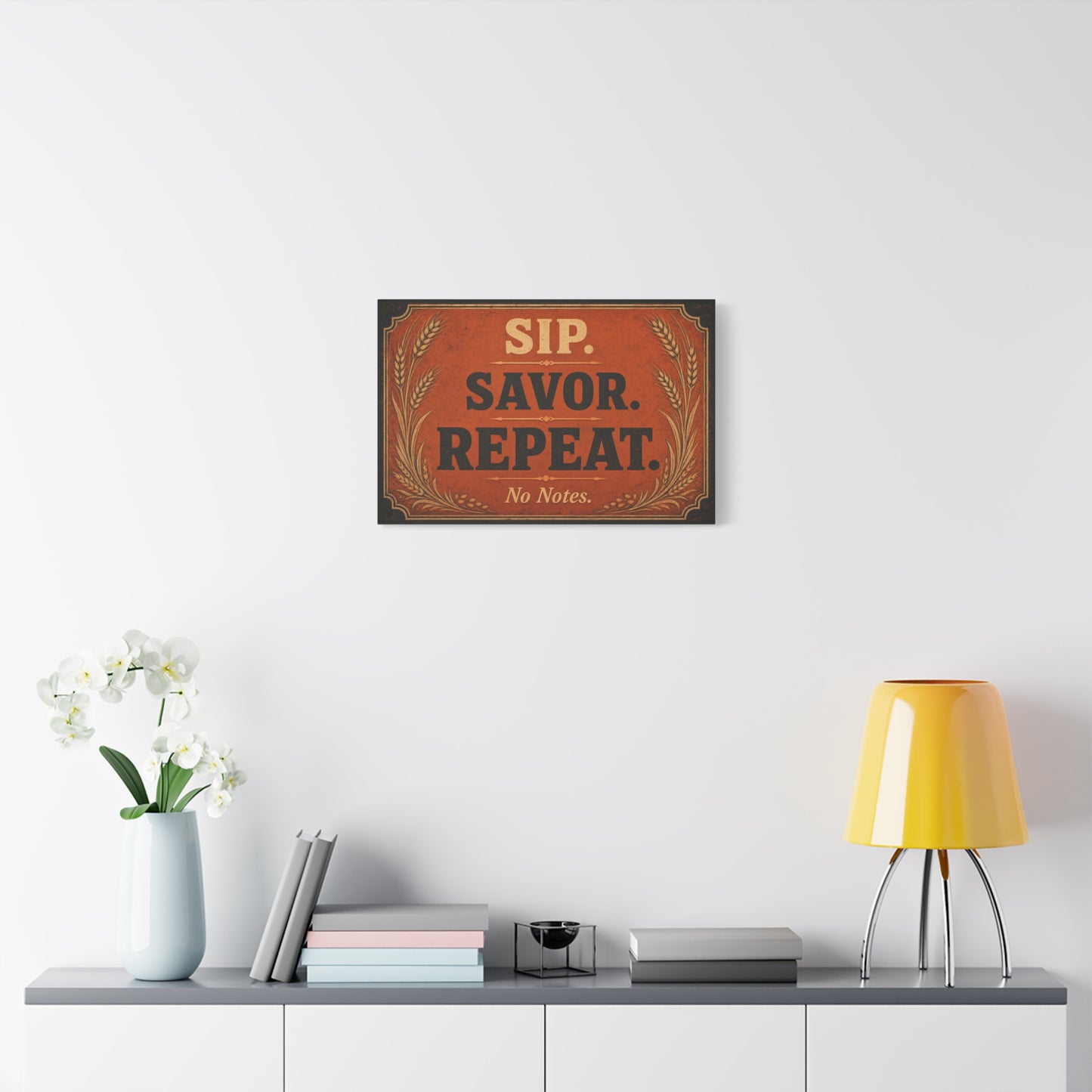 "Sip. Savor. Repeat. No Notes." Typography Canvas Wall Art - Vintage Bar Decor - Rustic Farmhouse Style - Ready to Hang Wall Hanging - Cocktail Lounge Decor - Speakeasy Style Sign - Matte Finish Print