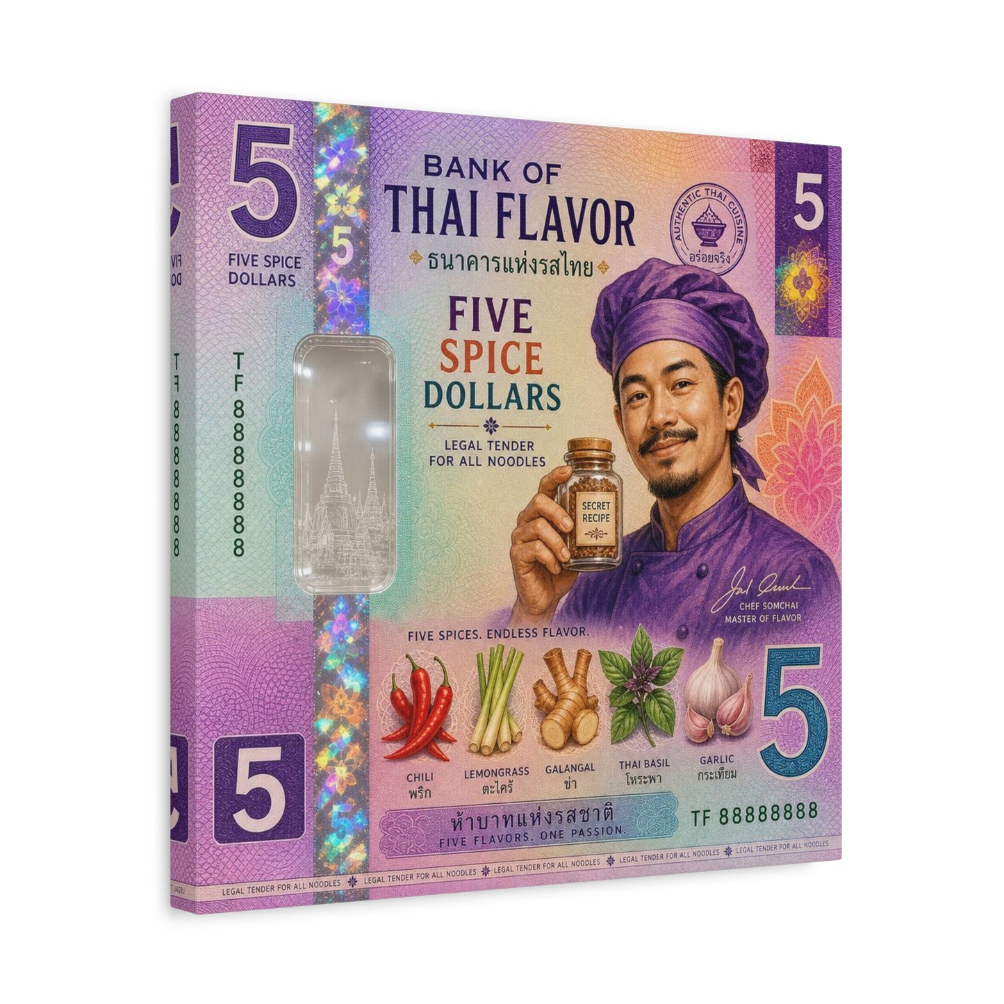 "Bank Of Thai Flavor" Thai Chef Canvas Wall Art - Five Spice Dollars Food Illustration, Colorful Typography Print, Eclectic Kitchen Decor, Cafe Wall Decor, Restaurant Wall Accent - Ready to Hang