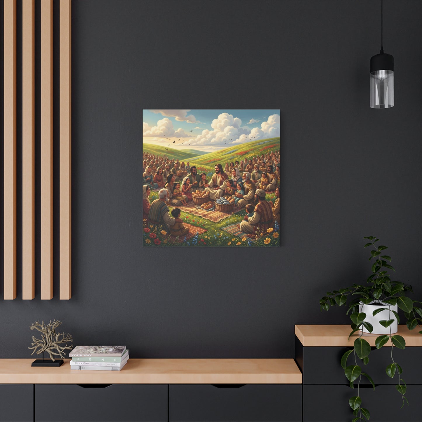 Jesus Feeding The Multitude Canvas Wall Art - Bread And Fish Biblical Scene - Meadow Landscape Christian Home Decor - Matte Cotton Print For Living Room, Bedroom, Office, Meditation Space