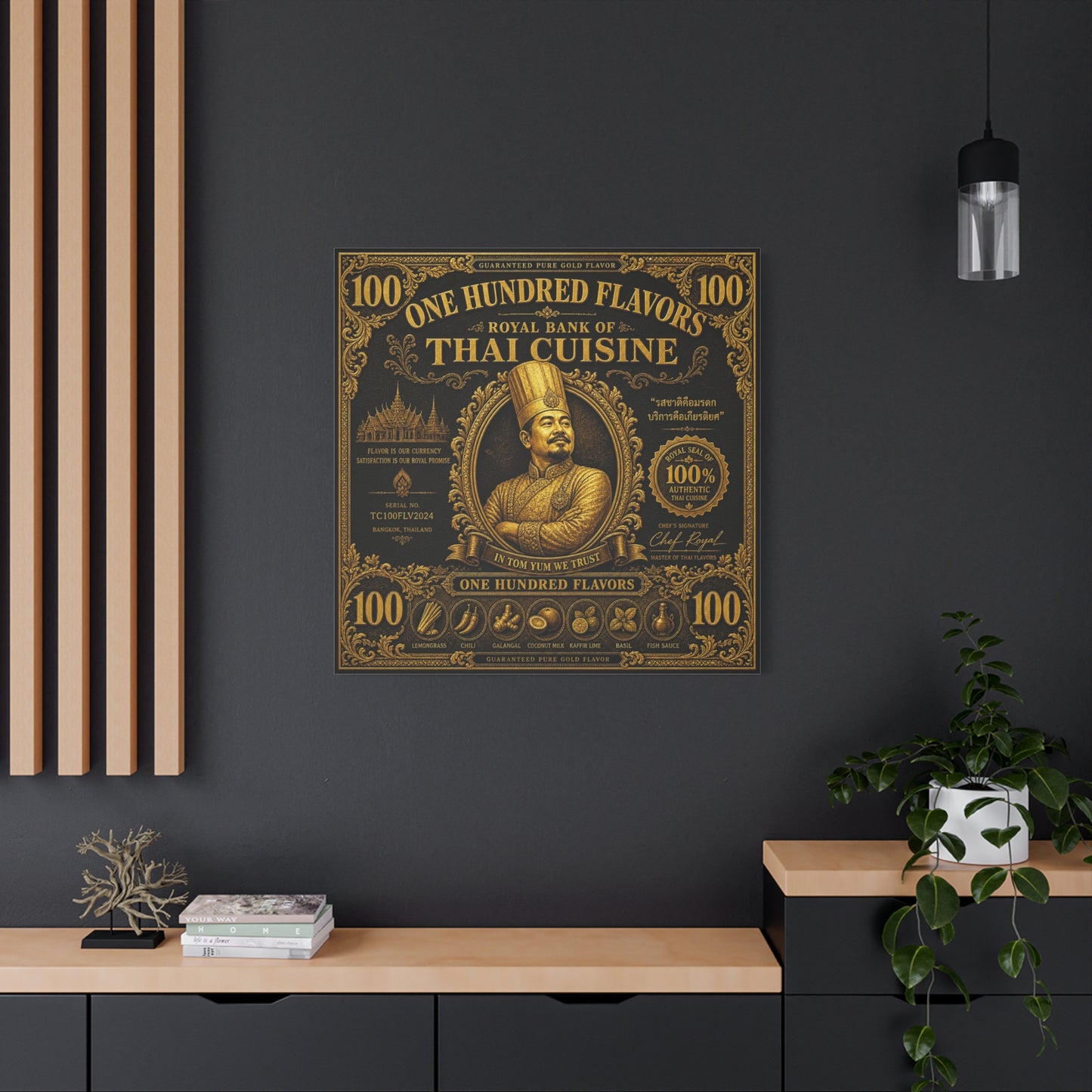 "One Hundred Flavors" Thai Cuisine Canvas Wall Art - Vintage Gold Chef Portrait, Typography Poster Print, Ornate Bangkok Illustration - Restaurant Decor, Dining Room Accent, Cafe Wall Decor