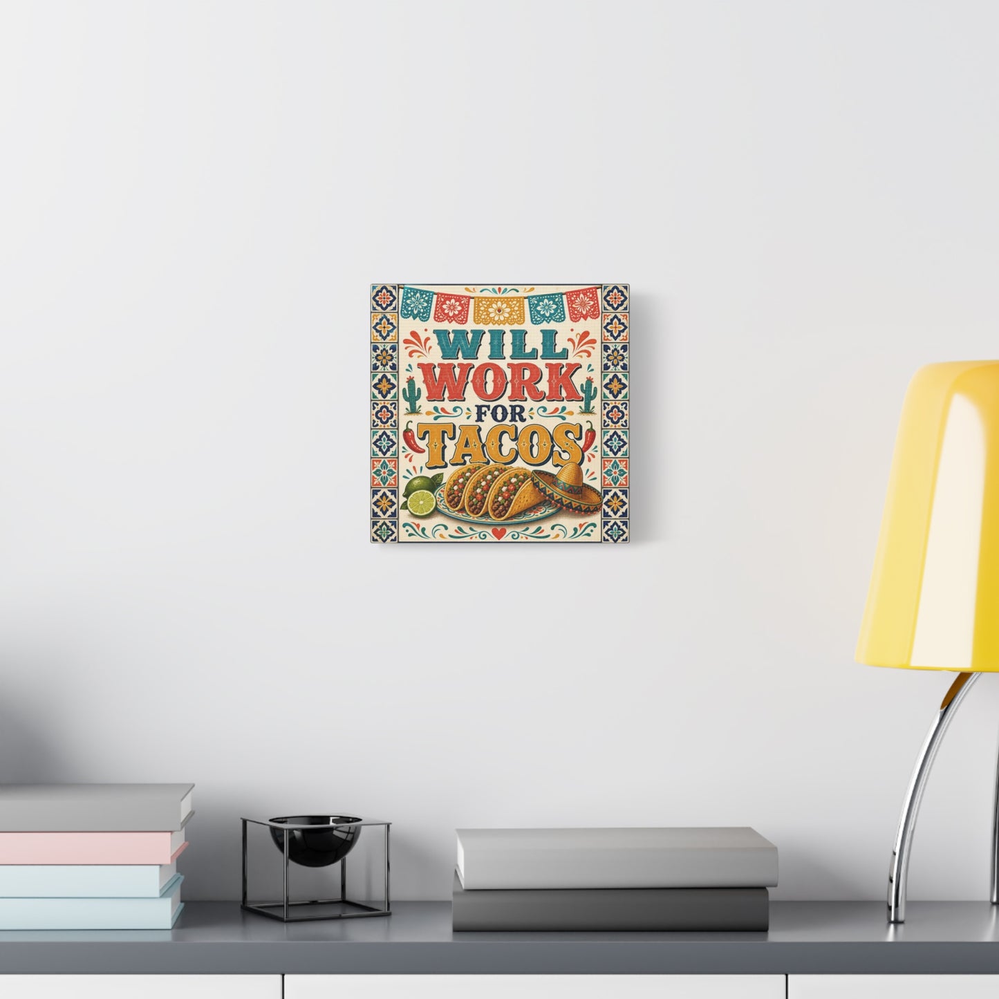 "Will Work For Tacos" Canvas Wall Art - Talavera Tile Typography, Papel Picado, Cactus And Taco Illustration - Fiesta Style Cotton Print - Kitchen Decor, Dining Room Accent, Cafe Interior
