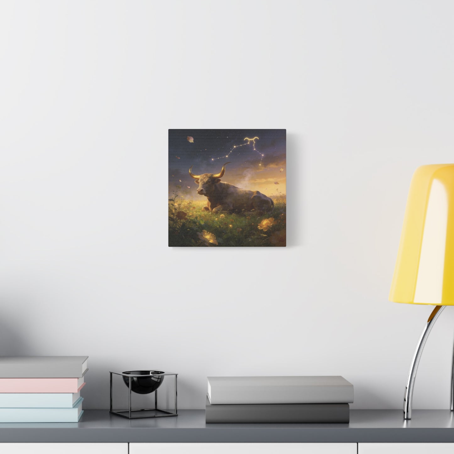 Taurus Zodiac Bull Canvas Wall Art - Celestial Constellation Night Meadow, Golden Horns, Dreamy Illustration - Matte Cotton Print - Bedroom Home Decoration, Office Wall Decor - Bedroom Home Decoration