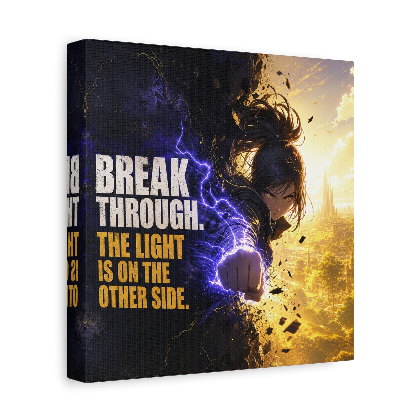 "Break Through. The Light Is On The Other Side." Anime Canvas Wall Art - Motivational Fantasy Girl Poster Print, Dramatic Gold Lightning, Contemporary Bedroom Decor, Teen Room Accent - Office Wall Art