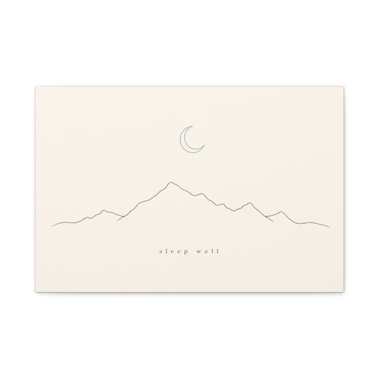 "Sleep Well" Minimalist Mountain Canvas Wall Art - Crescent Moon Line Drawing, Neutral Beige Canvas Print - Modern Bedroom Wall Decor, Nursery Home Decoration, Meditation Space - Ready to Hang