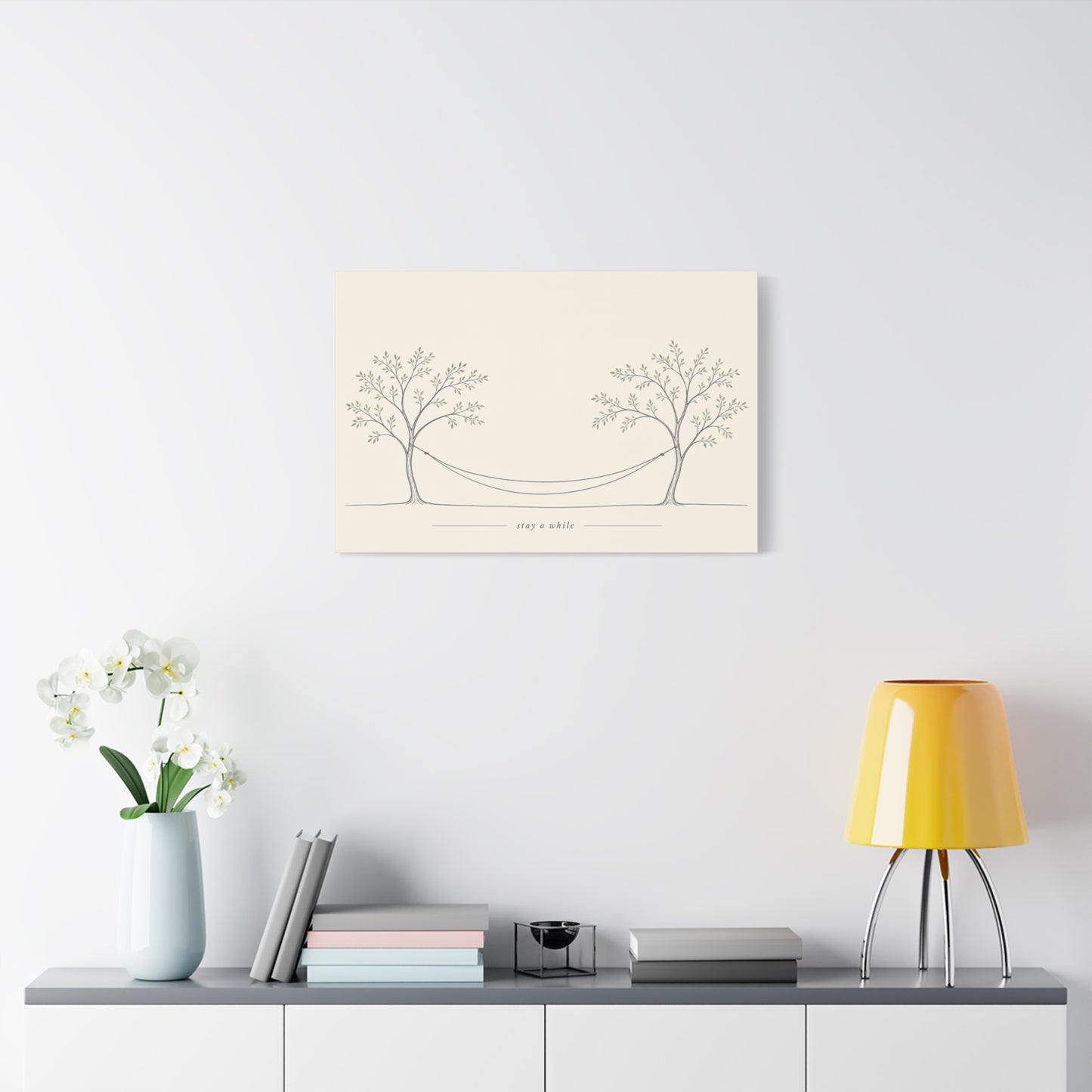 "Stay A While" Hammock Between Trees Canvas Wall Art - Minimalist Botanical Line Drawing, Neutral Beige Cotton Canvas Print - Bedroom Wall Decor, Living Room Home Decoration - Bedroom Home Decoration