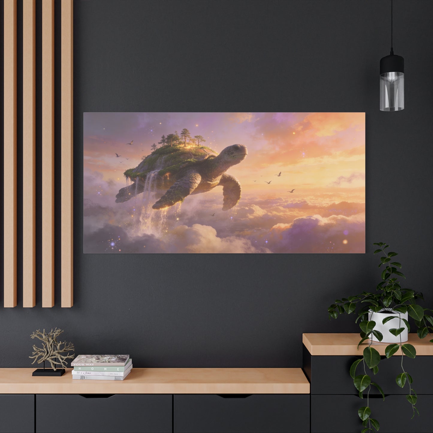 Flying Sea Turtle Canvas Wall Art - Fantasy Sky Island, Waterfall Clouds, Dreamy Surreal Canvas Print - Contemporary Celestial Style - Living Room Wall Decor, Bedroom Home Accent - Ready to Hang