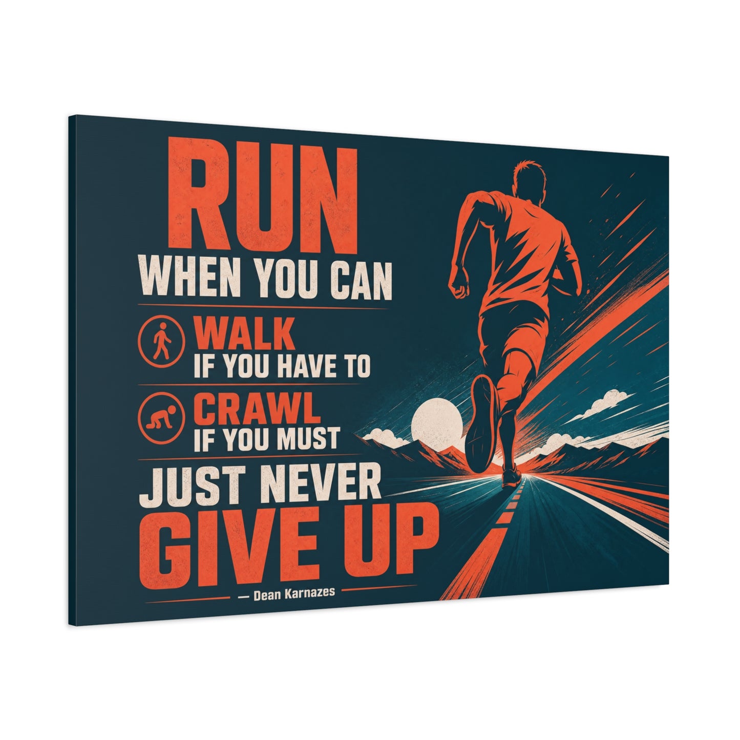 "Run When Able Walk If Needed Crawl If Required Just Never Give Up" Motivational Canvas Wall Art - Runner Road Quote Print, Retro Typography, Gym Wall Hanging - Ready to Hang - Fitness Studio Art