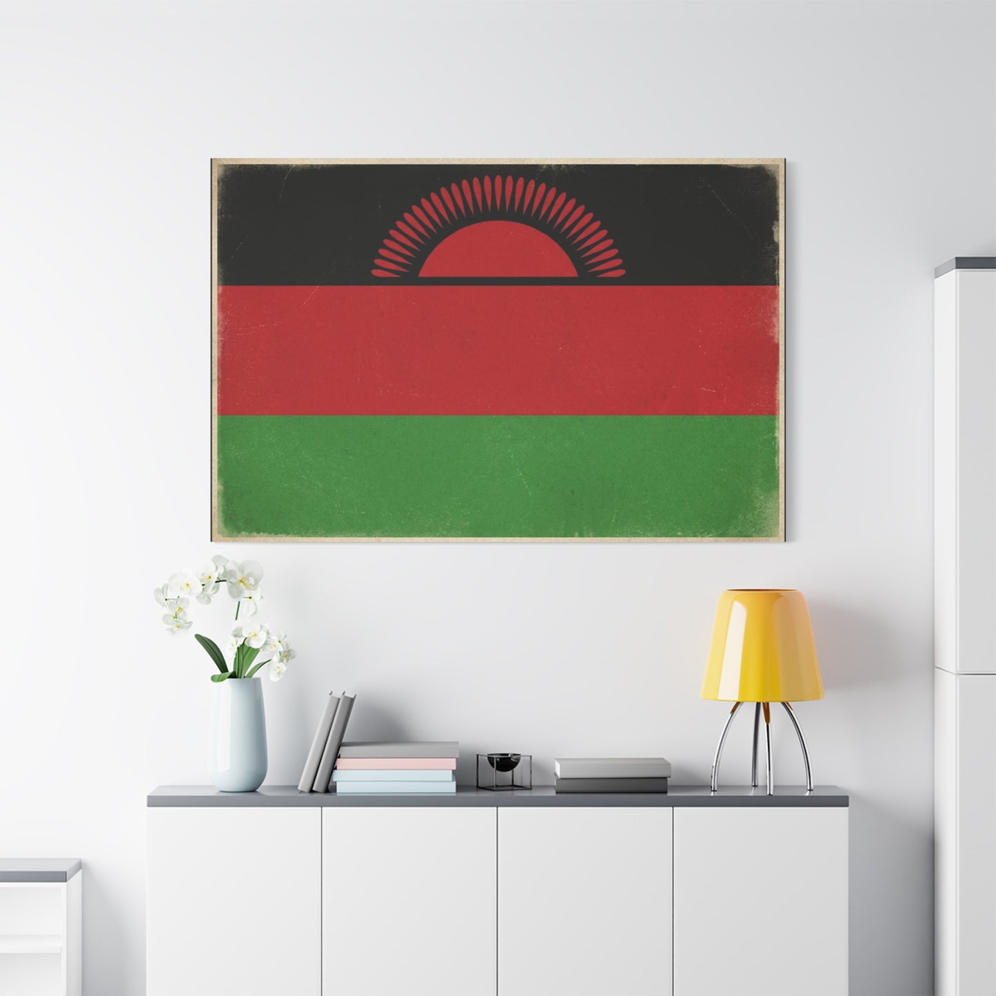 Malawi Flag Canvas Wall Art - Vintage Rising Sun National Flag Print, Pan African Red Black Green Design - Matte Canvas Decor - Living Room Wall Decor, Office Art Accent - Bedroom Home Decoration