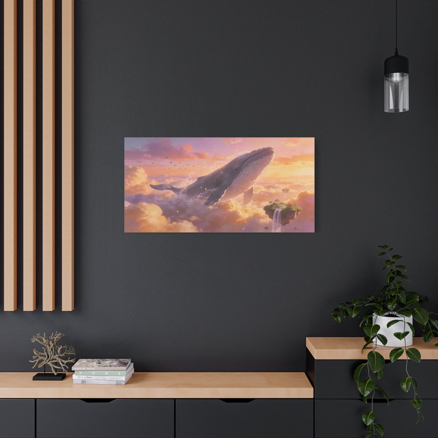 Fantasy Whale Canvas Wall Art - Dreamlike Sky Ocean Scene, Floating Island Waterfall - Matte Cotton Art Print - Surreal Contemporary Style - Living Room Wall Decor Bedroom Accent - Ready to Hang