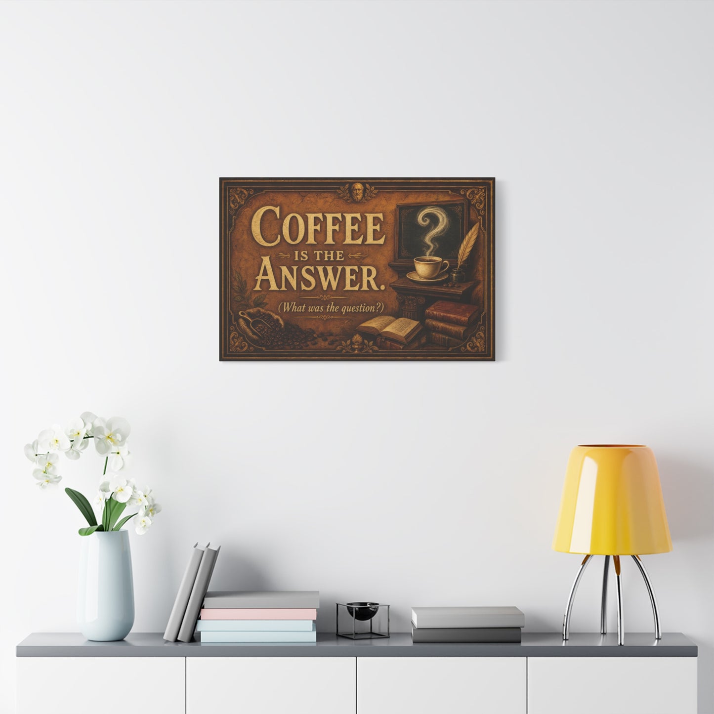 Coffee Is The Answer. What Was The Question Canvas Wall Art - Vintage Coffee Cup, Books, Bean Sack Decor - Rustic Typography Print - Cafe Interior, Study Room Decoration - Cafe Wall Art - Bistro Decor