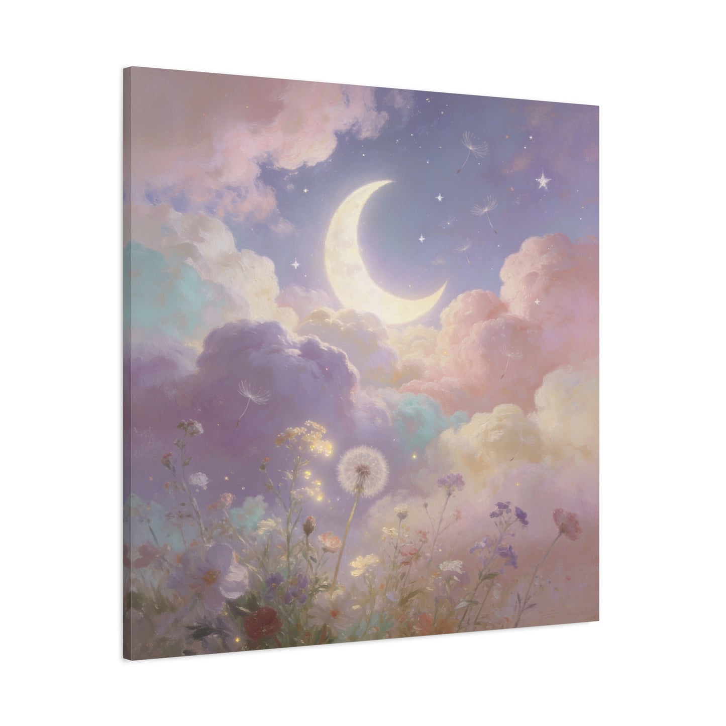 Crescent Moon Canvas Art Print - Dreamy Pastel Clouds, Dandelion Sky, Celestial Floral Scene - Cotton Matte Artwork - Lavender Nursery Accent, Bedroom Decoration, Meditation Space Decor