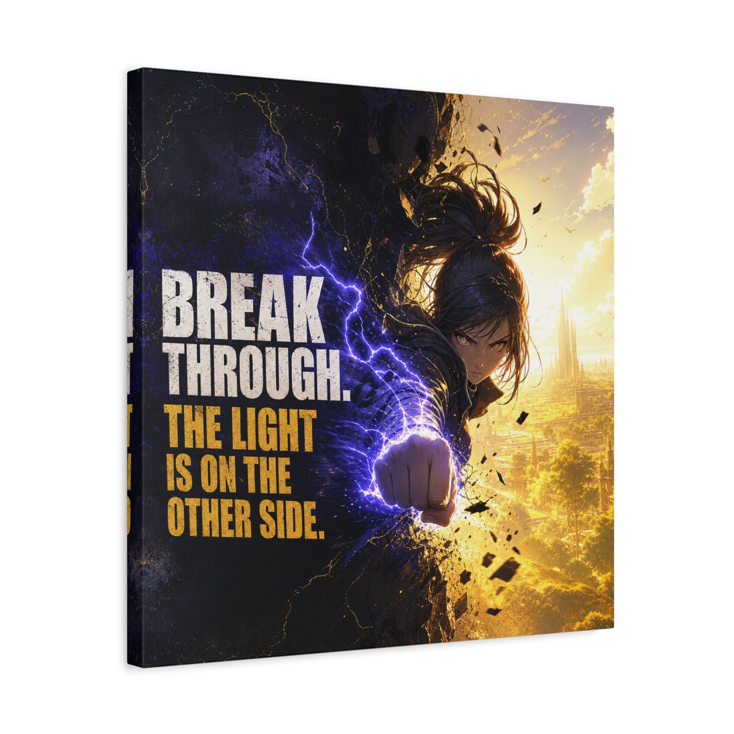 "Break Through. The Light Is On The Other Side." Anime Canvas Wall Art - Motivational Fantasy Girl Poster Print, Dramatic Gold Lightning, Contemporary Bedroom Decor, Teen Room Accent - Office Wall Art