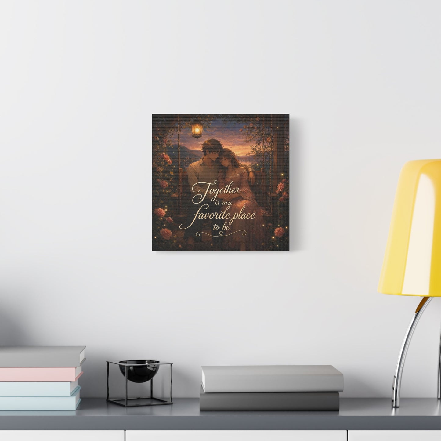 "Together Is My Favorite Place To Be" Romantic Couple Canvas Wall Art - Lantern Swing Sunset Lake Scene, Floral Garden Love Quote Print - Vintage Bedroom Decor - Office Wall Art - Ready to Hang