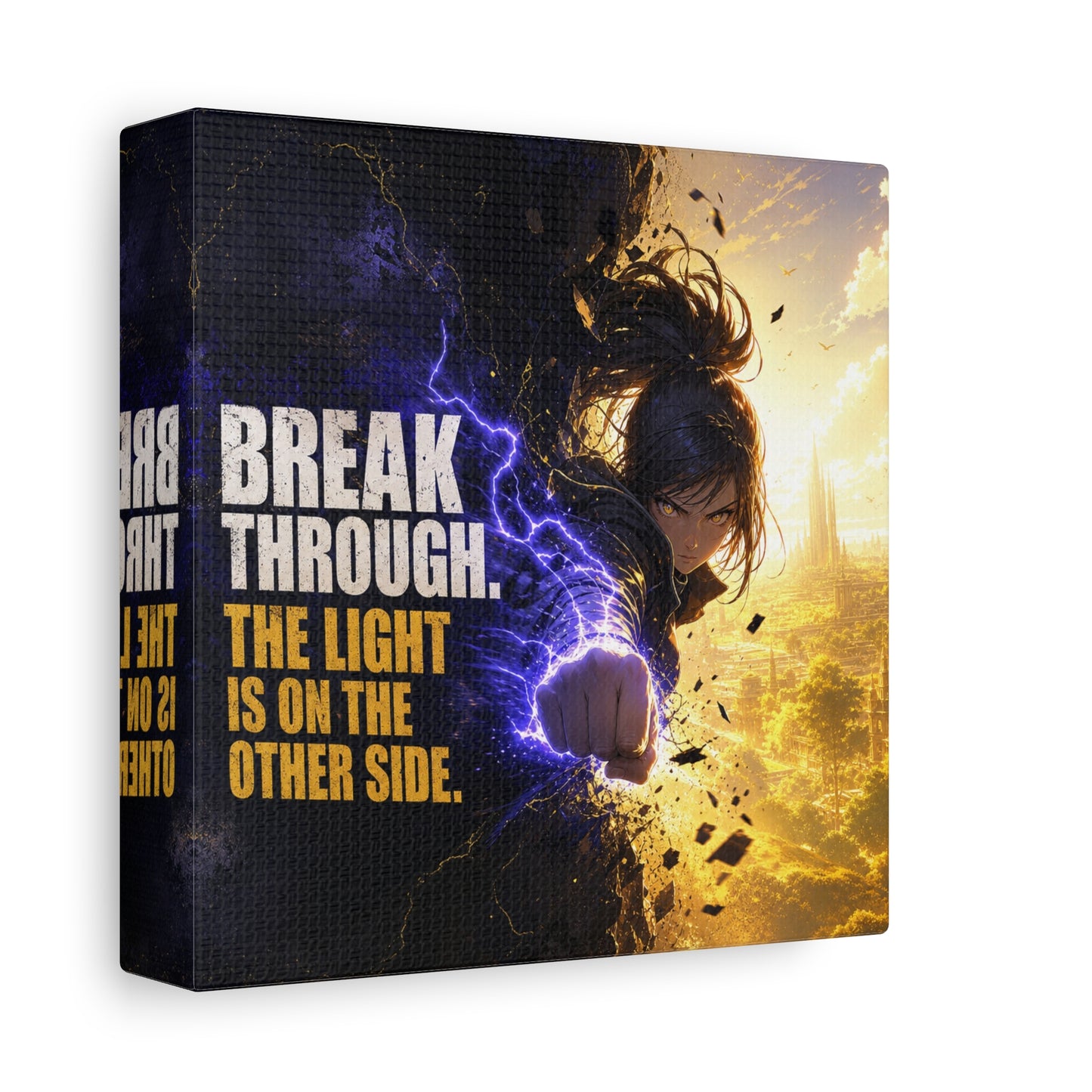 "Break Through. The Light Is On The Other Side." Anime Canvas Wall Art - Motivational Fantasy Girl Poster Print, Dramatic Gold Lightning, Contemporary Bedroom Decor, Teen Room Accent - Office Wall Art
