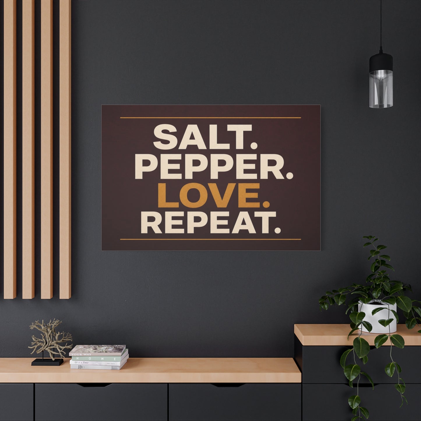 "Salt. Pepper. Love. Repeat." Typography Canvas Wall Art - Kitchen Quote Wall Decor, Modern Farmhouse Home Decoration, Brown And Gold Minimalist Canvas Print For Dining Room - Bedroom Home Decoration