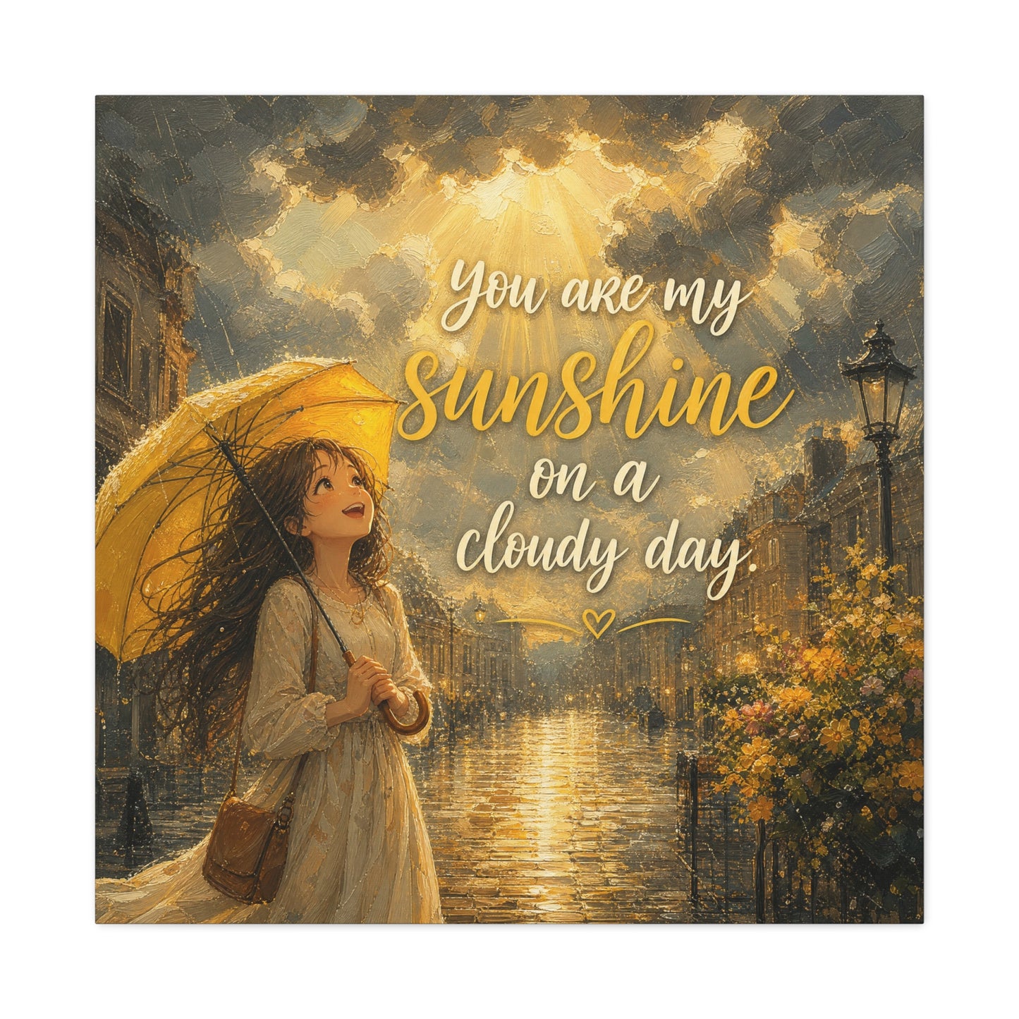 "You Are My Sunshine On A Cloudy Day" Canvas Wall Art - Girl With Yellow Umbrella Quote Print - Golden Rainy Street Painting, Inspirational Decor - Bedroom Home Decoration - Living Room Wall Decor