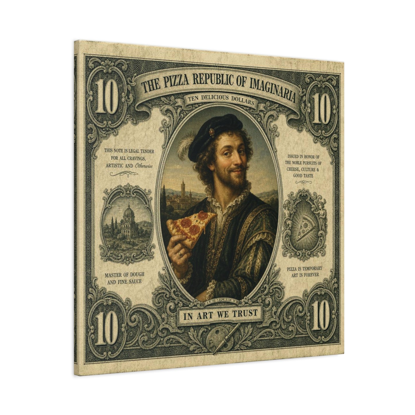 "The Pizza Republic Of Imaginaria" Canvas Wall Art - Vintage Typography Portrait Print, Renaissance Pizza Note Design, Eclectic Office Wall Decor, Cafe Wall Art, Humor Canvas - Reception Area Decor
