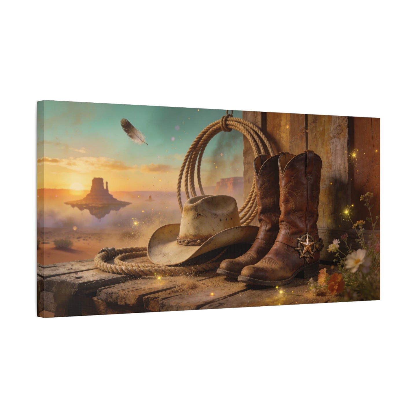 Western Cowboy Boots Canvas Wall Art - Desert Mesa Sunset, Hat And Lasso - Rustic Cotton Print - Vintage Ranch Style - Living Room Wall Decor, Office Art, Entryway Decoration - Bedroom Home Decoration