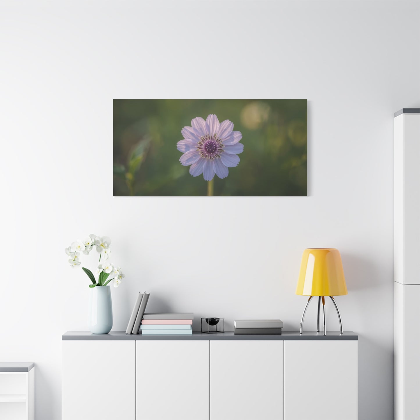 Purple Cosmos Flower Canvas Wall Art - Botanical Floral Art Print, Soft Green Bokeh Background - Matte Cotton Canvas - Contemporary Style, Bedroom Wall Decor, Living Room Accent