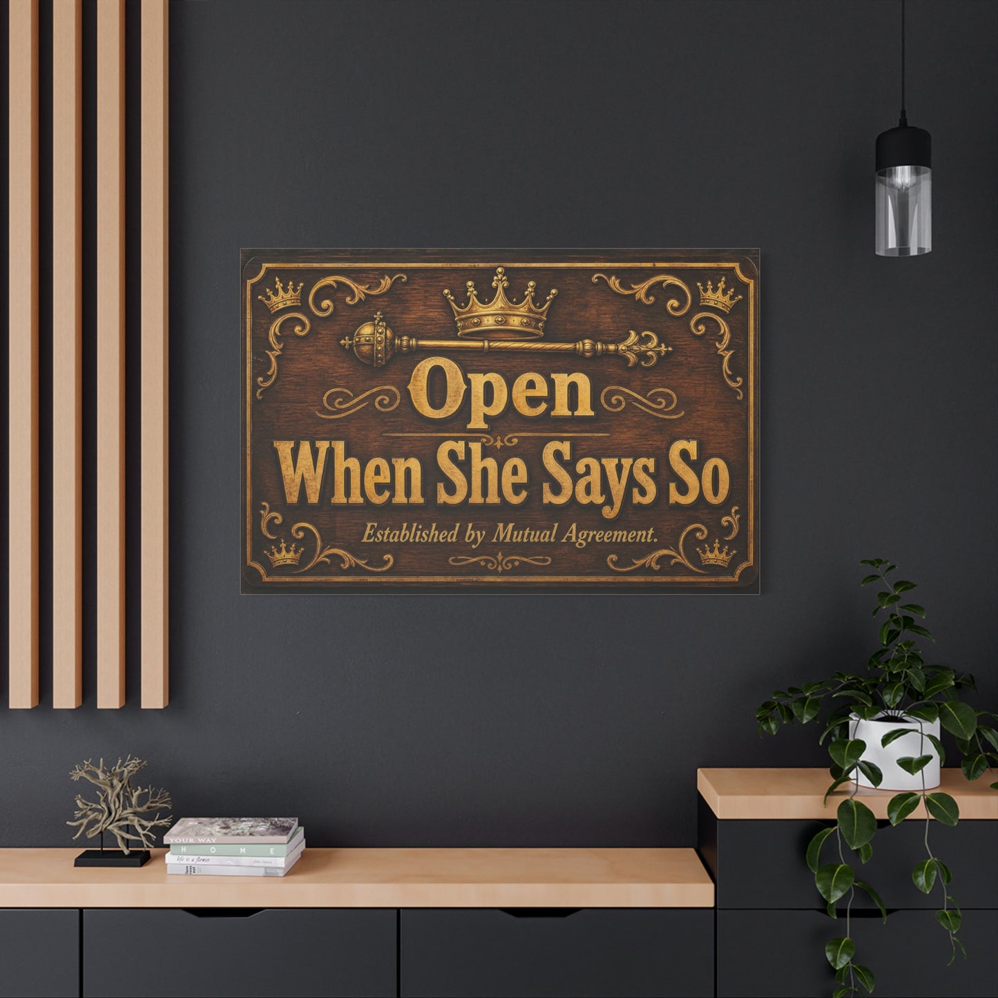 "Open When She Says So" Canvas Wall Art - Vintage Crown Scepter Typography Sign - Rustic Brown Gold Humor Decor - Man Cave Living Room Wall Decor - Bedroom Home Decoration - Bedroom Home Decoration