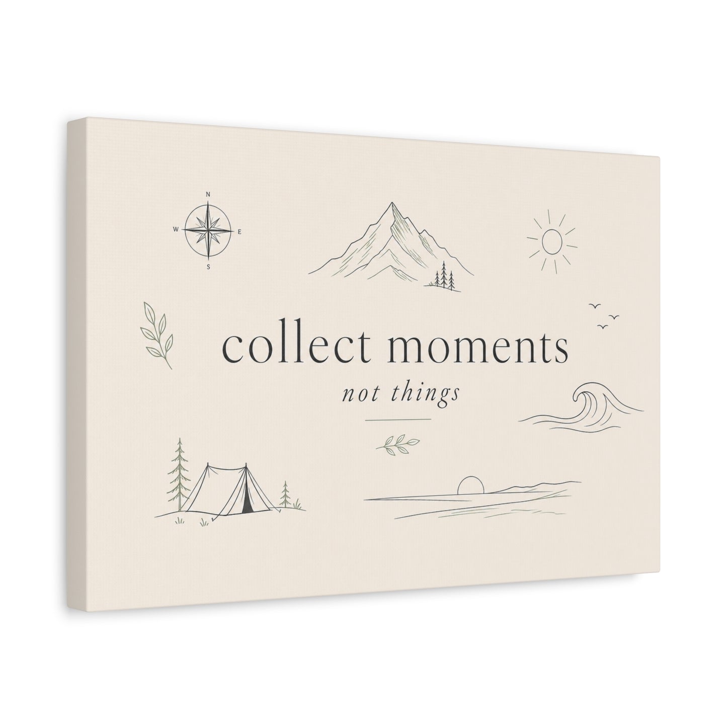 "Collect Moments Not Things" Minimalist Canvas Wall Art - Mountain, Compass, Wave Line Drawing - Neutral Typography Print - Boho Modern Wall Decor For Living Room, Bedroom, Office Accent