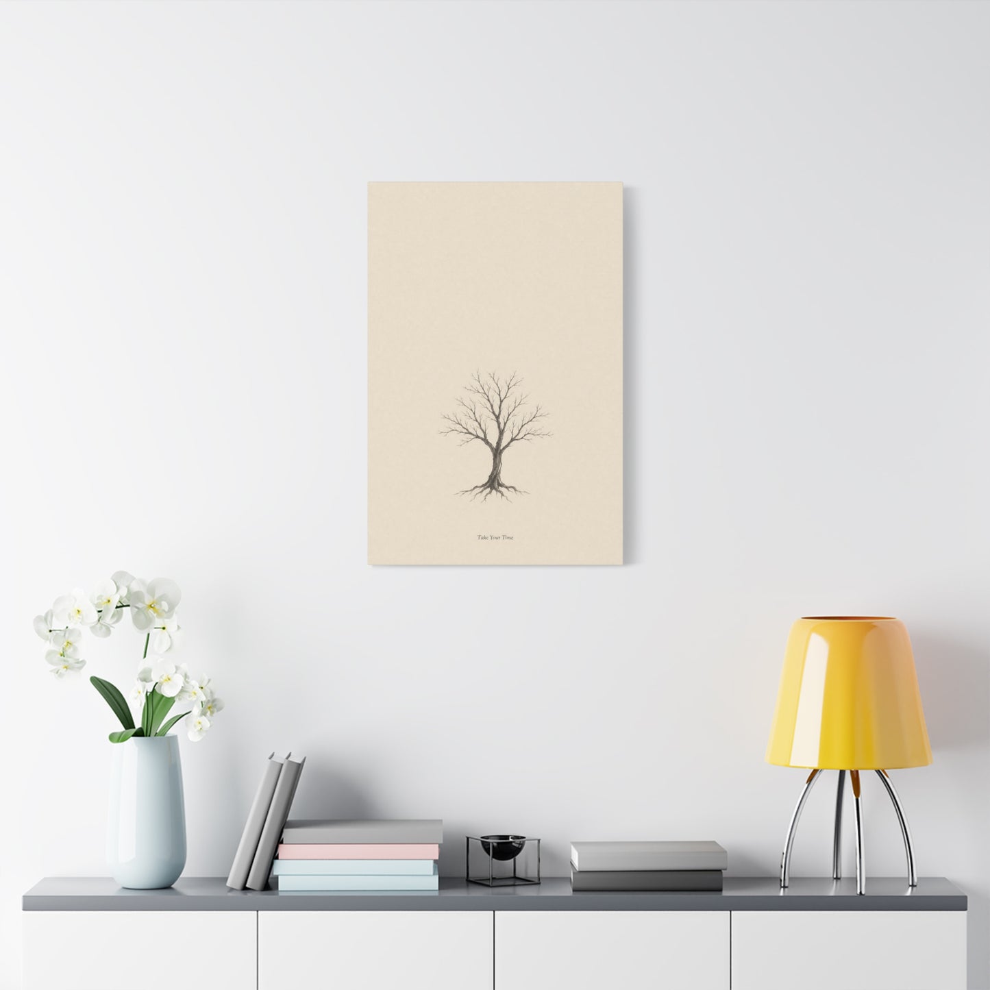 "Take Your Time" Minimalist Tree Canvas Wall Art - Neutral Botanical Print, Beige Contemporary Decor - Matte Cotton Artwork - Bedroom Home Decoration - Living Room Wall Decor - Bedroom Home Decoration