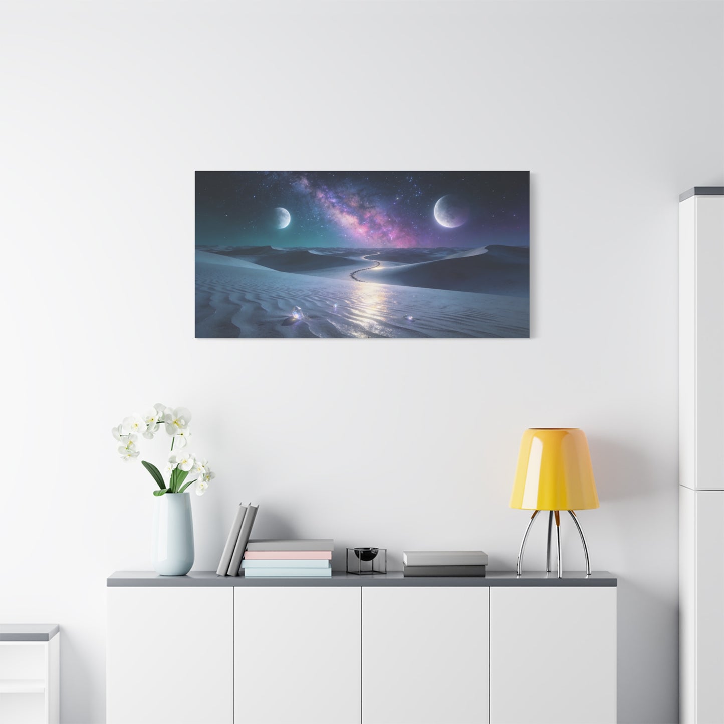 Celestial Desert Canvas Wall Art - Milky Way, Twin Moons, Luminous Dunes - Surreal Nightscape Cotton Print - Contemporary Style, Bedroom Home Decoration, Office Wall Decor - Bedroom Home Decoration