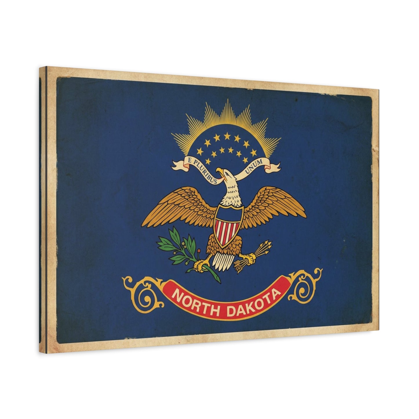 North Dakota Flag Canvas Wall Art - E Pluribus Unum Vintage State Banner Print - Patriotic Blue Eagle Emblem Decor - Rustic Americana Style - Ready to Hang - Living Room Wall Decor - Ready to Hang