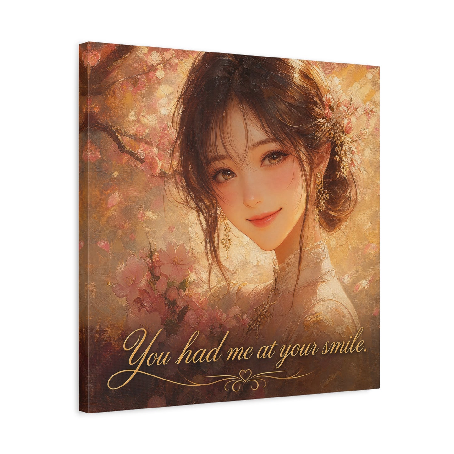 You Had Me At Your Smile Portrait Canvas Wall Art - Romantic Floral Woman Quote Print - Golden Blush Illustration - Traditional Style Living Room Decor - Ready to Hang - Living Room Wall Decor