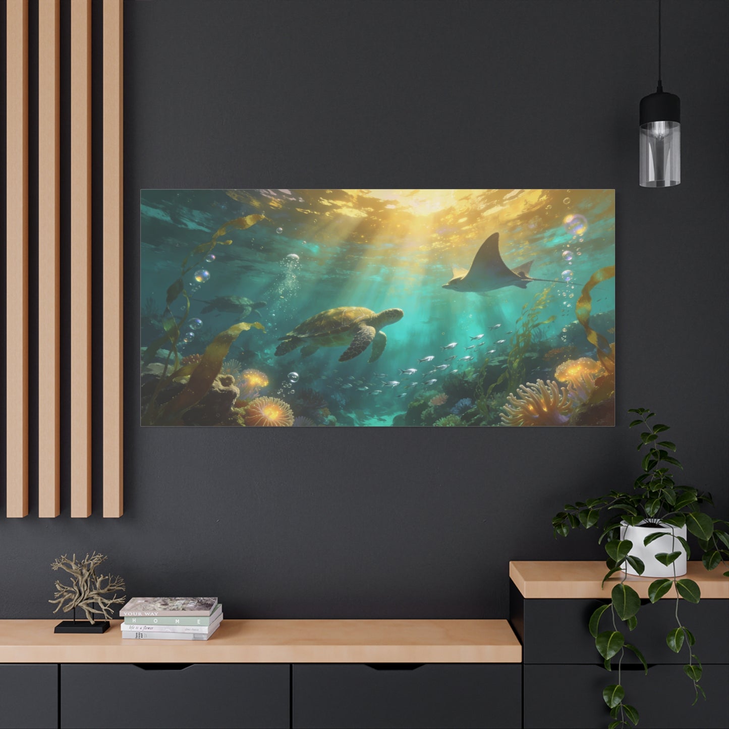 Sea Turtle And Stingray Canvas Wall Art - Sunlit Underwater Ocean Scene, Coral Reef Marine Life, Matte Cotton Print - Coastal Style, Living Room Wall Decor, Bedroom Home Decoration - Ready to Hang