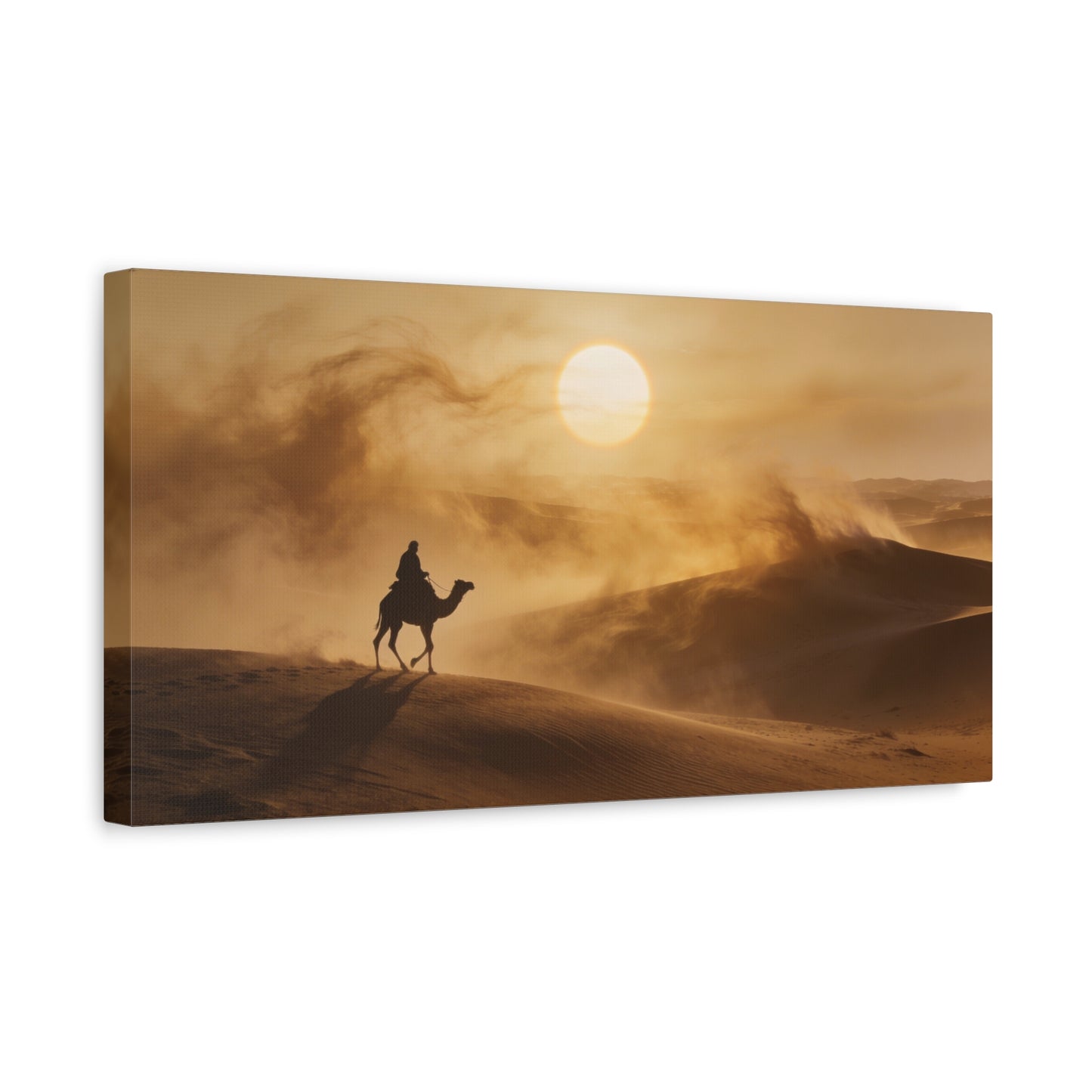 Desert Camel Rider Canvas Wall Art - Golden Sun Sand Dunes Landscape Print - Matte Cotton Artwork, Contemporary Style - Living Room Wall Decor, Bedroom Home Decoration - Bedroom Home Decoration