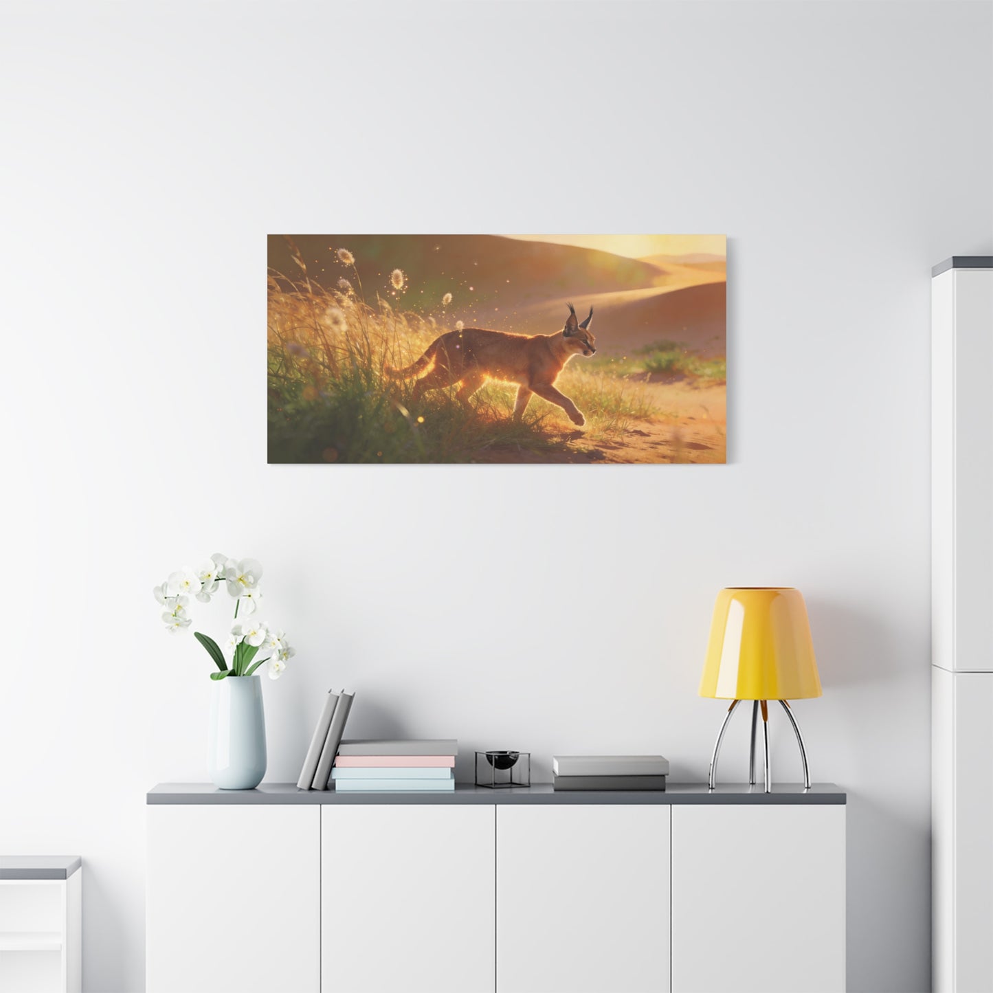 Caracal Canvas Wall Art - Golden Desert Wildlife Scene, Sunlit Grassland Illustration - Matte Cotton Art Print, Contemporary Nature Decor - Living Room Accent, Bedroom Decoration - Ready to Hang