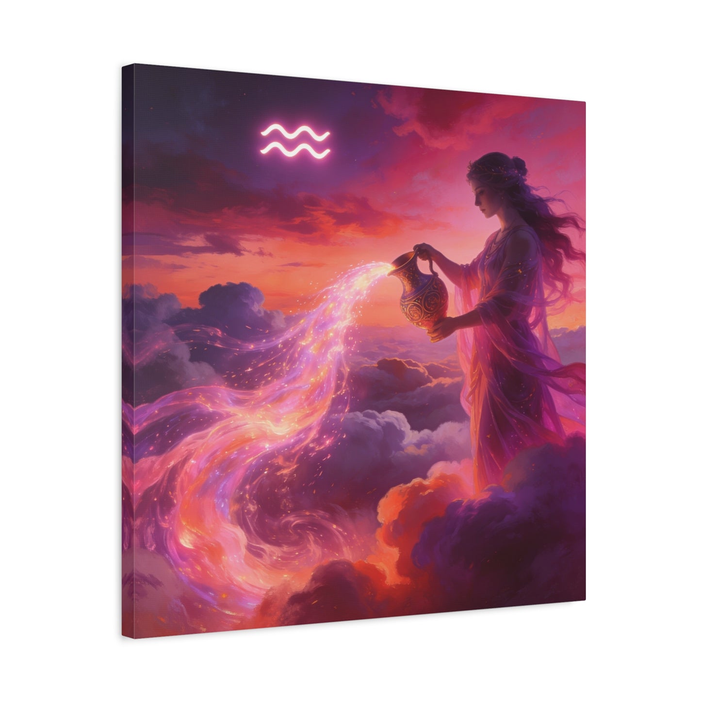 Aquarius Goddess Canvas Wall Art - Zodiac Woman Pouring Celestial Water, Fantasy Sky Illustration - Pink Purple Matte Canvas Print - Bedroom Wall Decor, Bohemian Home Accent - Bedroom Home Decoration