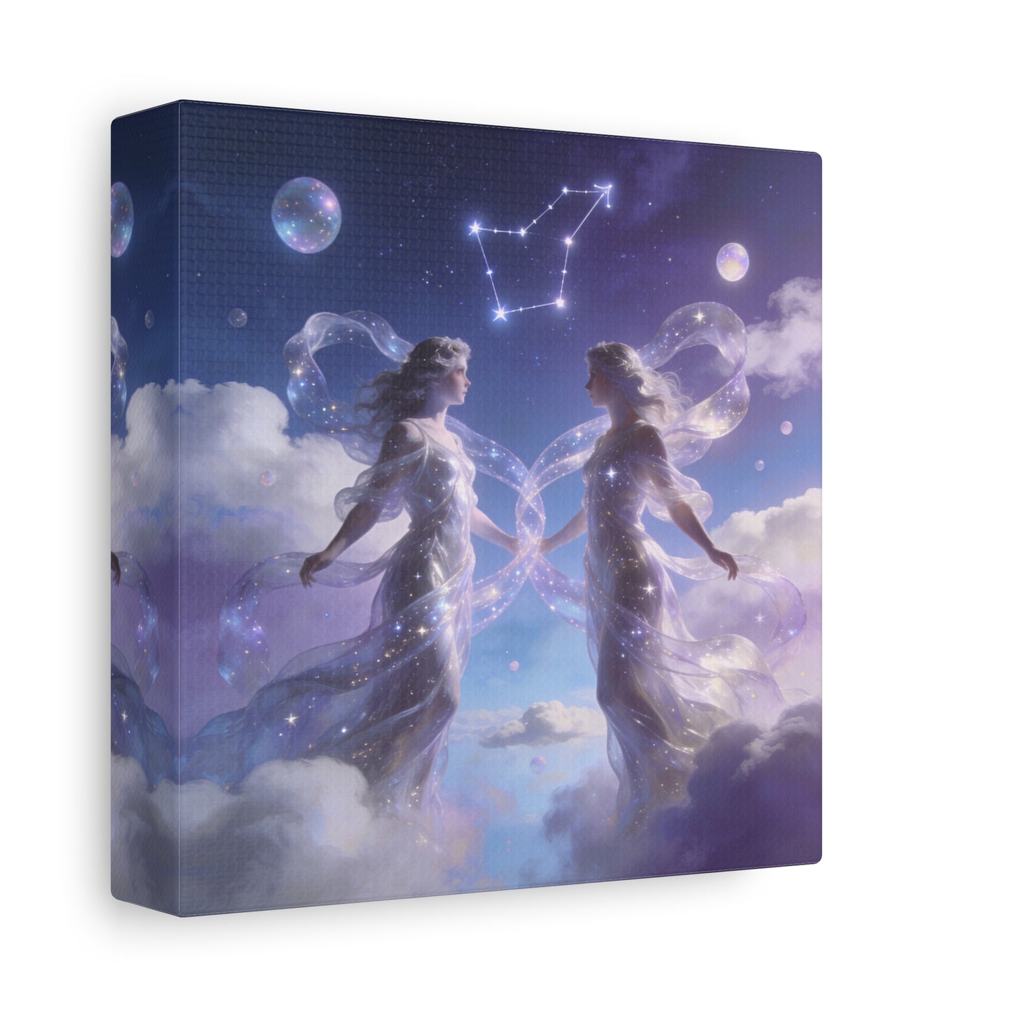 Gemini Zodiac Canvas Wall Art - Celestial Twin Women Under Constellation, Dreamy Fantasy Sky Scene - Matte Cotton Art Print - Bedroom Wall Decor, Meditation Space Accent - Bedroom Home Decoration