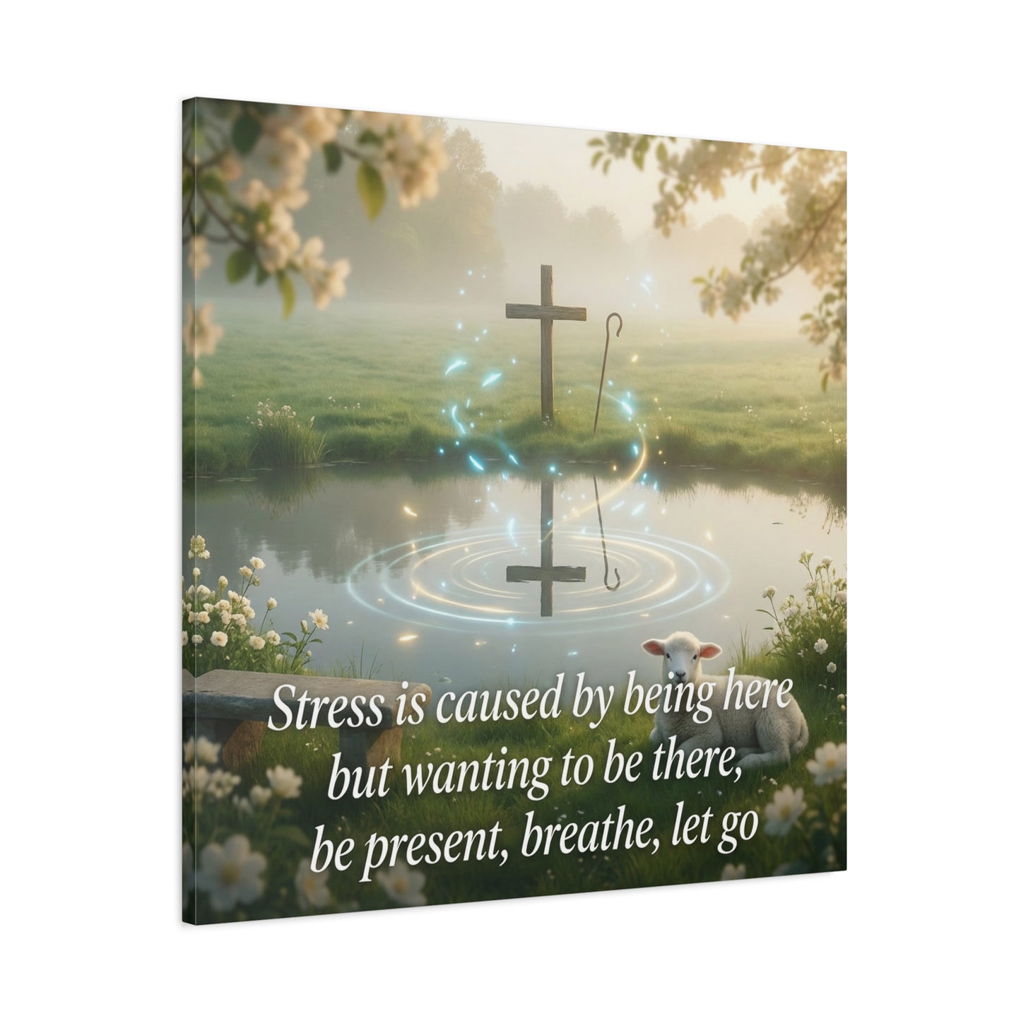 "Stress is caused by being here but wanting to be there, be present, breathe, let go" Cross Canvas Wall Art - Christian Inspirational Pond Scene - Traditional Style - Bedroom Wall Decor