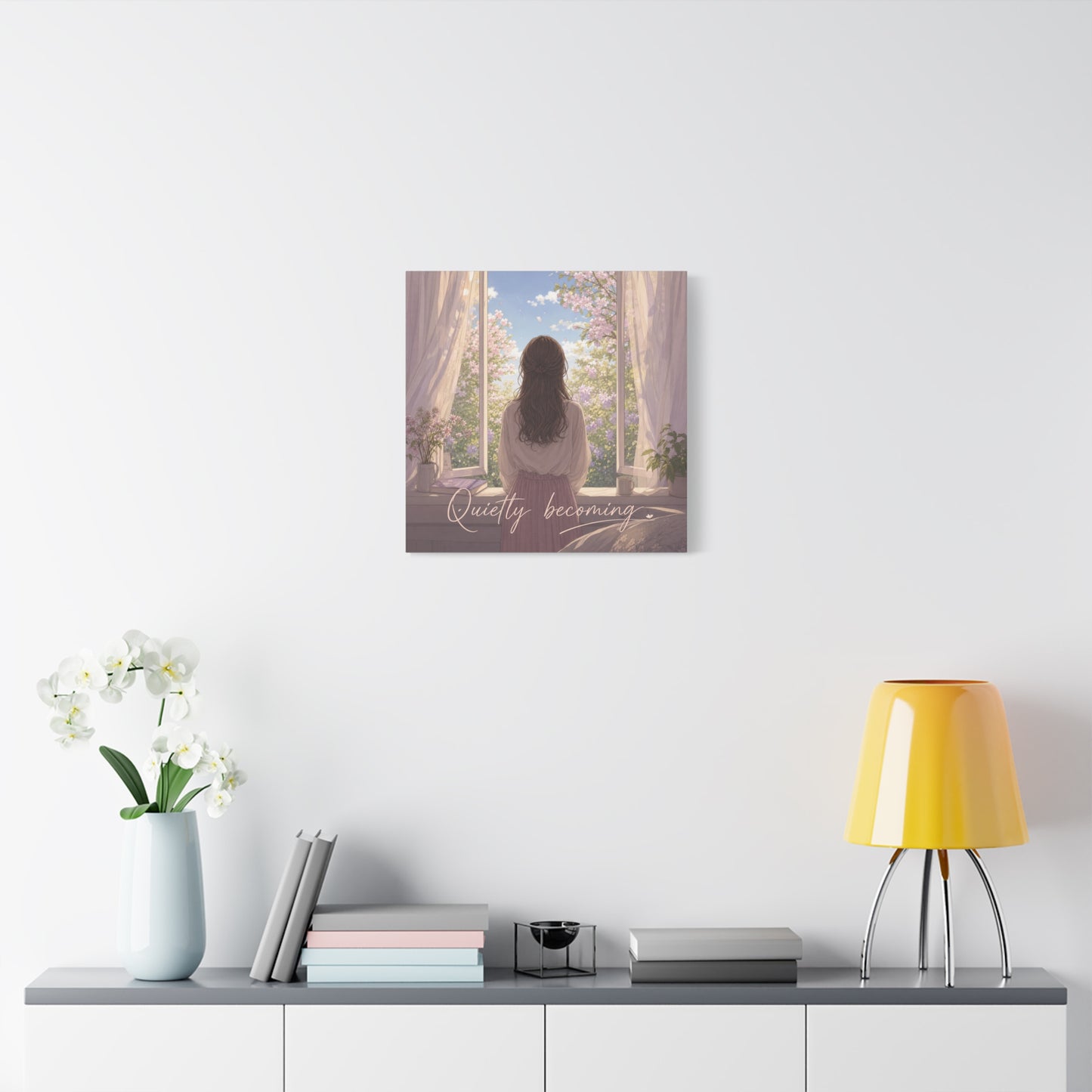 "Quietly Becoming" Girl At Window Canvas Wall Art - Cherry Blossom Bedroom Decor, Soft Pastel Inspirational Print, Dreamy Feminine Room Decoration - Bedroom Home Decoration - Living Room Wall Decor