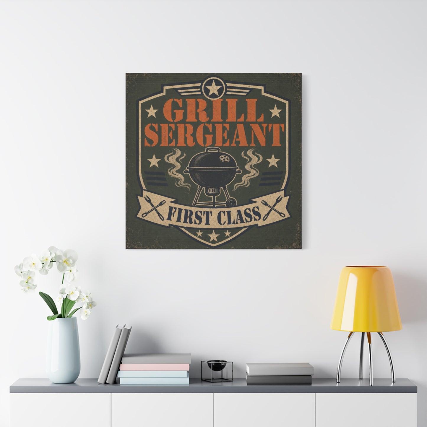 "Grill Sergeant First Class" BBQ Canvas Wall Art - Vintage Grill Badge Sign, Rustic Patriotic Kitchen Decor, Retro Barbecue Poster Style, Man Cave Wall Decor - Ready to Hang - Bedroom Home Decoration