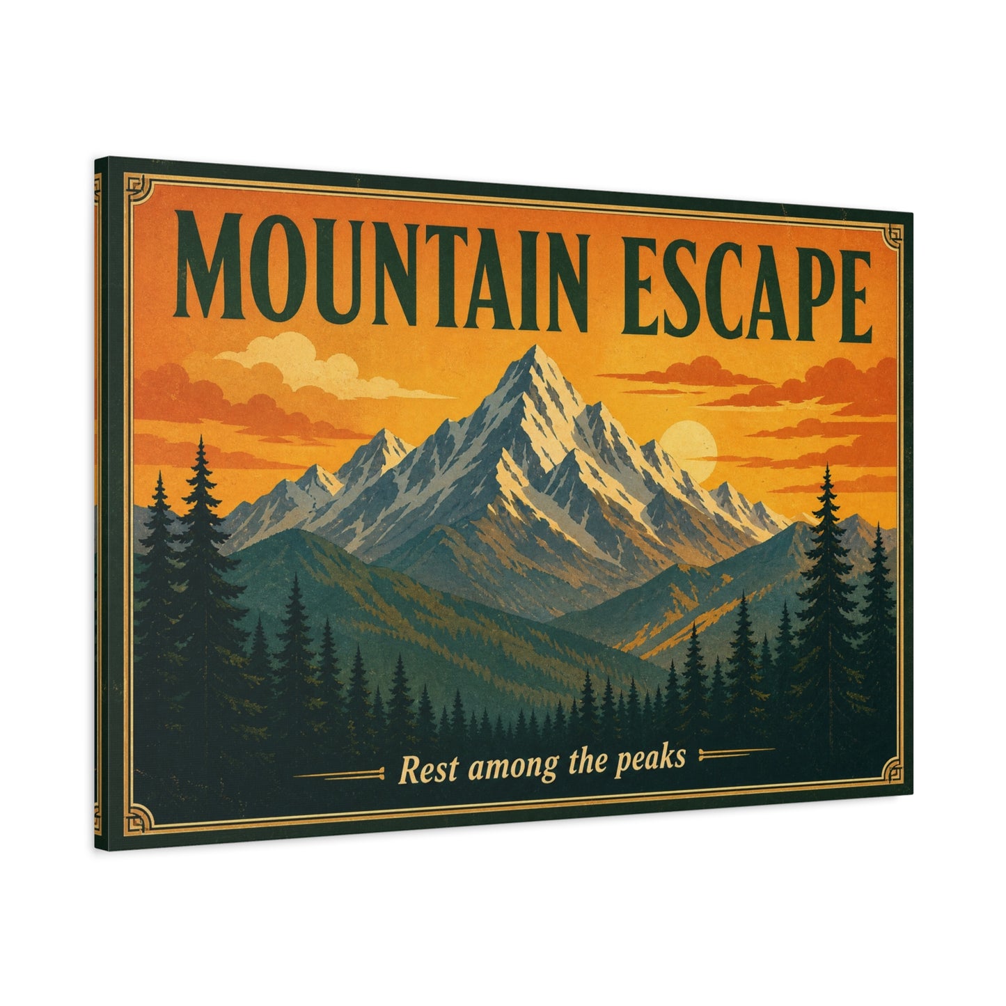 "Mountain Escape" Canvas Wall Art - Vintage Mountain Landscape Print, Sunset Pine Forest Poster Style - "Rest Among The Peaks" - Rustic Cabin Wall Decor, Living Room Home Accent - Ready to Hang